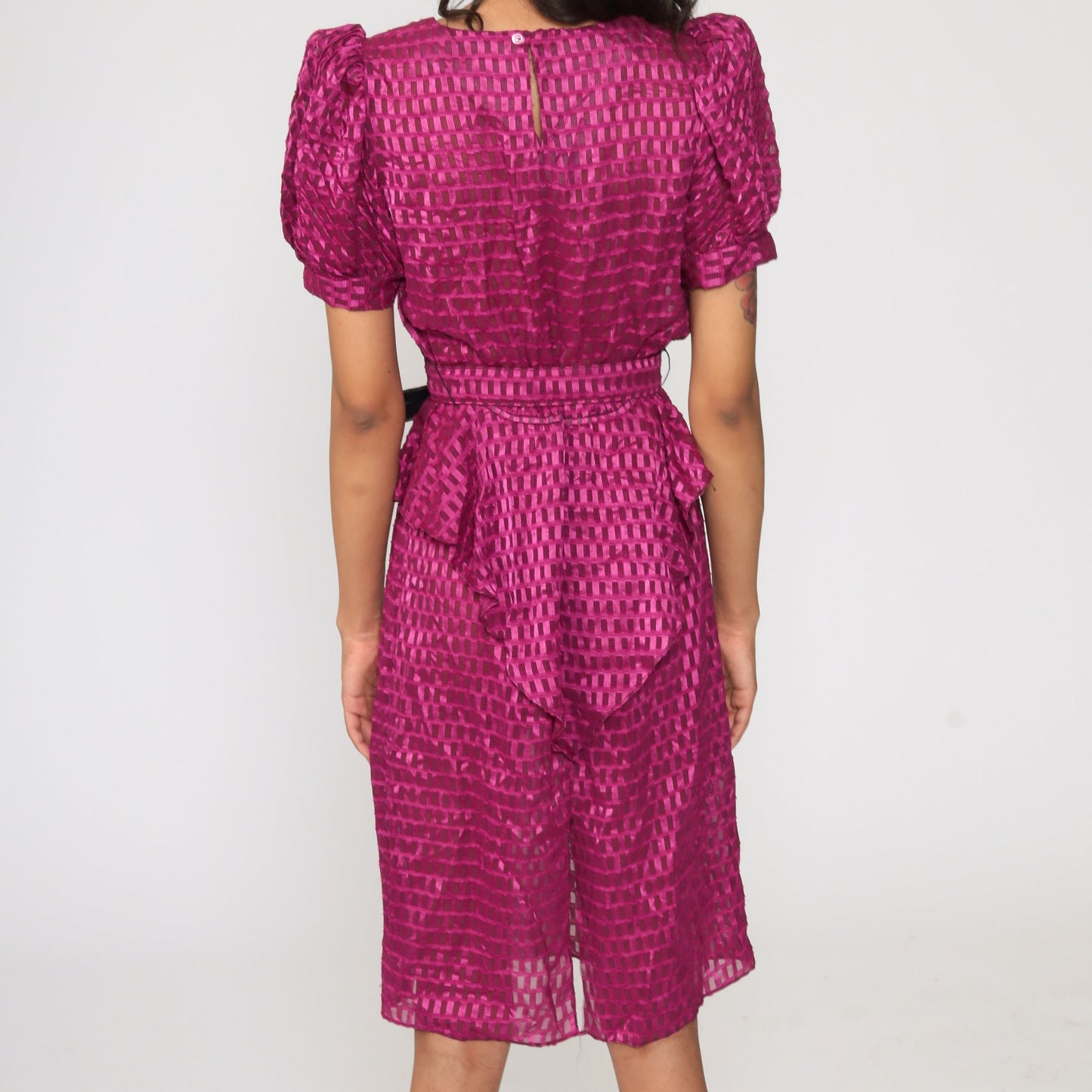 80s Purple Sheer Midi Dress Puff Sleeve High Waisted Peplum Small