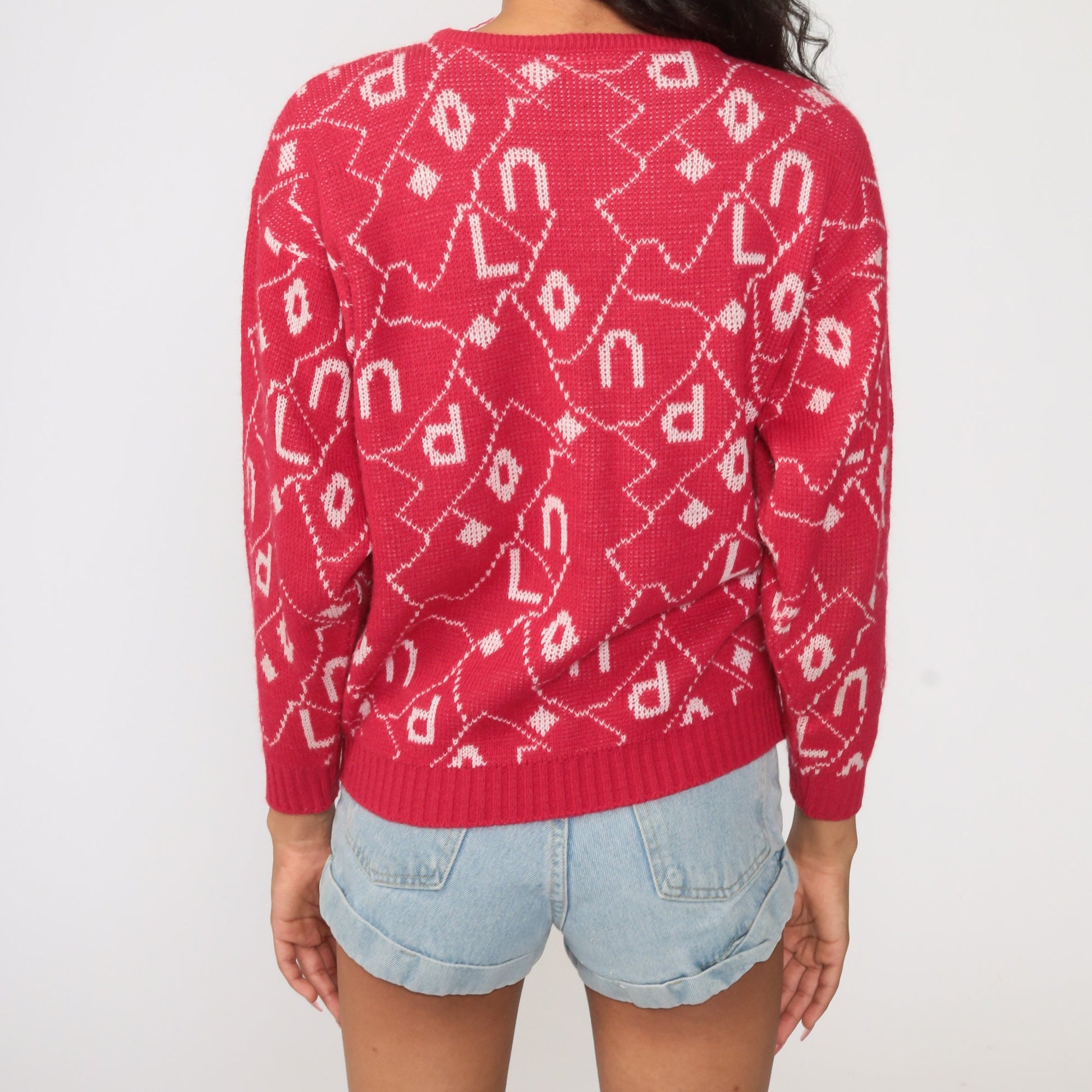 80s London Spellout Knit Sweater Pink Geometric Pullover Small S
