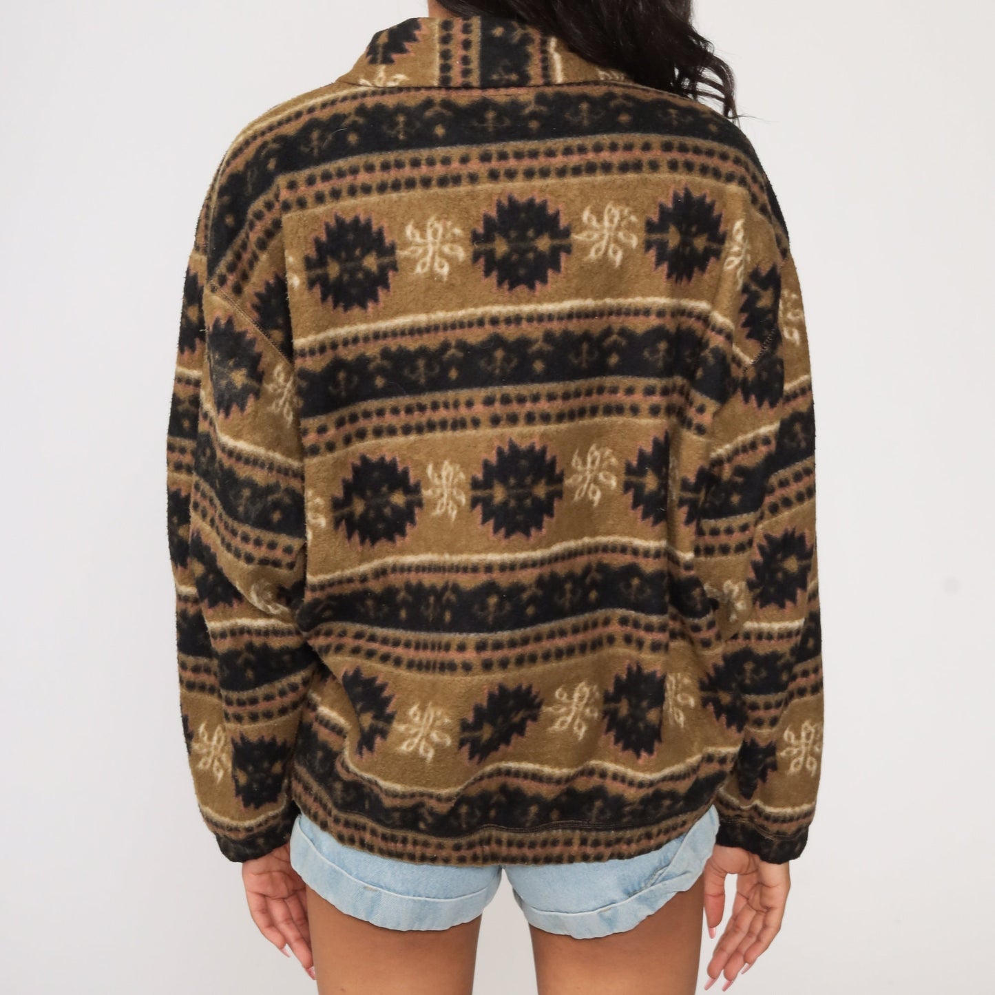 90s Bugle Boy Fleece Pullover Jacket Brown Geometric Quarter Zip Medium