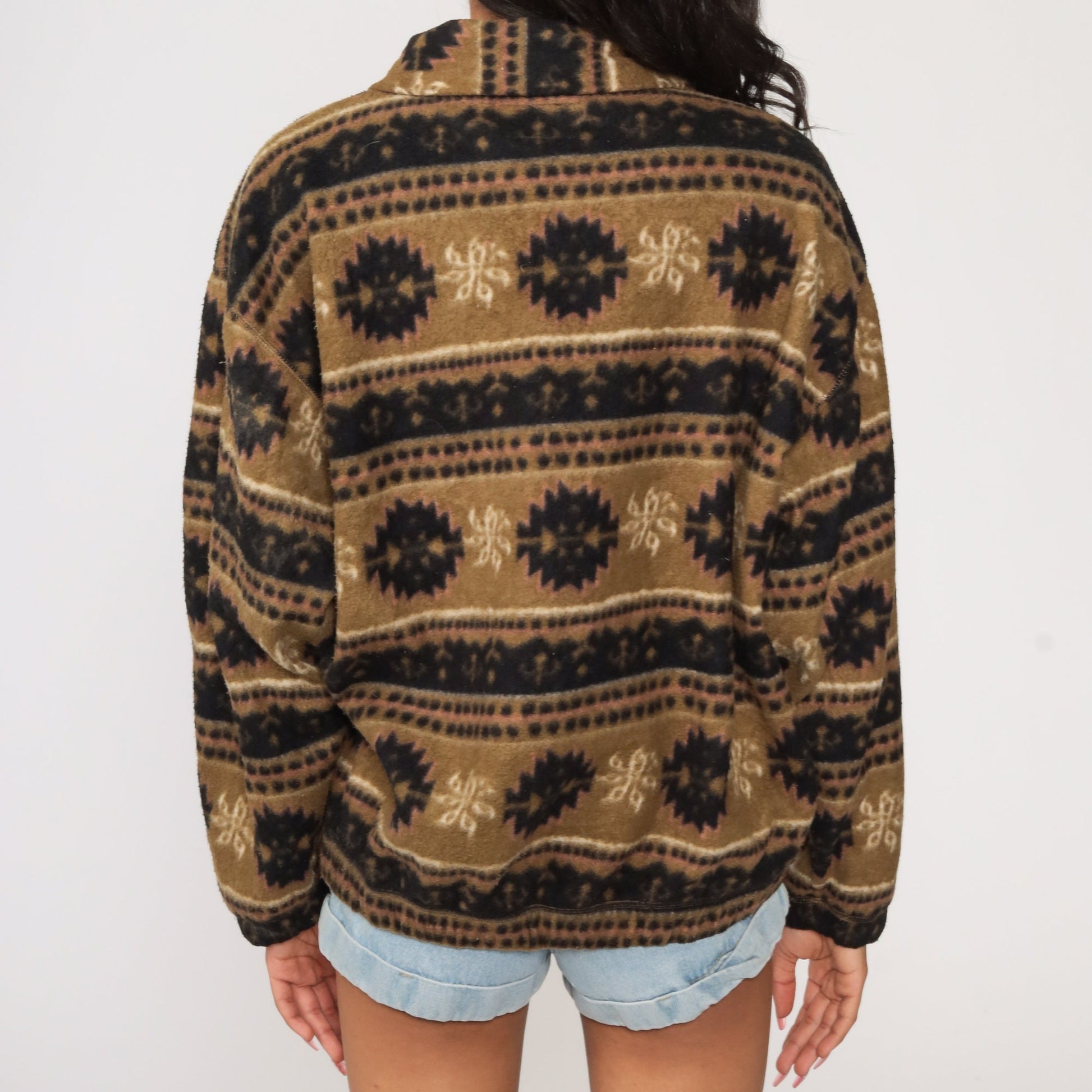 90s Bugle Boy Fleece Pullover Jacket Brown Geometric Quarter Zip Medium