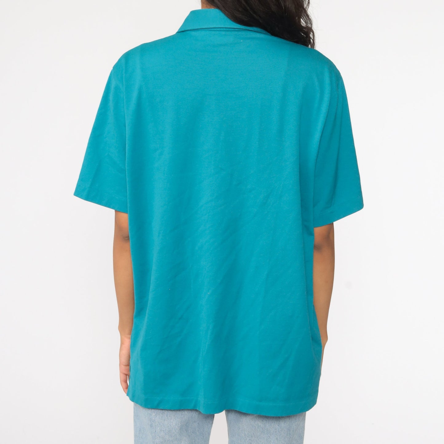 80s Teal Button-Up Shirt Short Sleeve Vintage Unisex Large