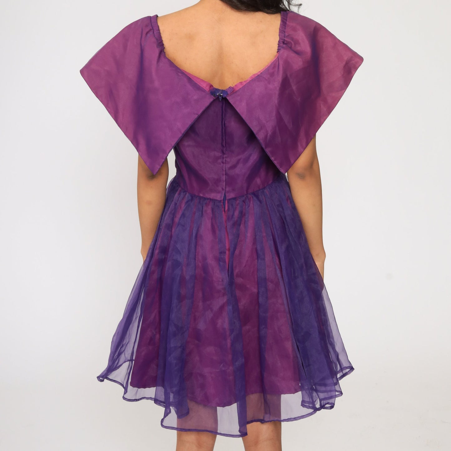 70s Purple Organza Wrap Dress High Waist Deep V Neck Mini Small