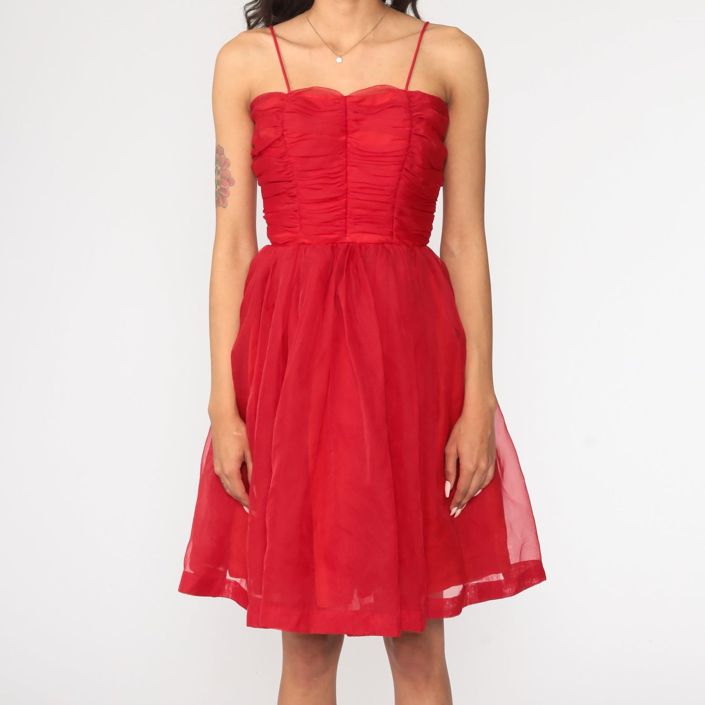 1950s Red Chiffon Party Dress Spaghetti Strap Tea Length Extra Small
