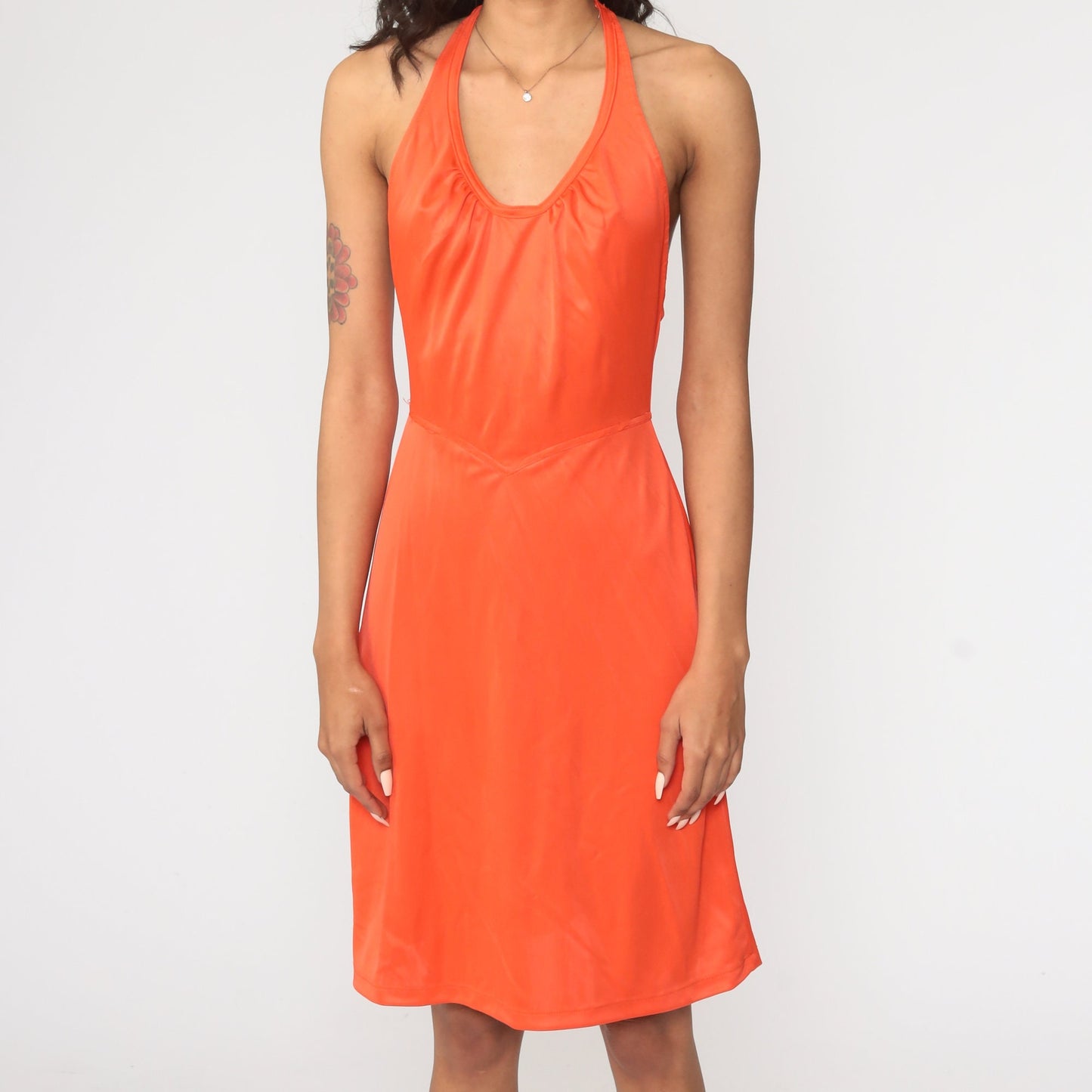 70s Orange Halter Midi Dress High Waist Grecian Disco Small