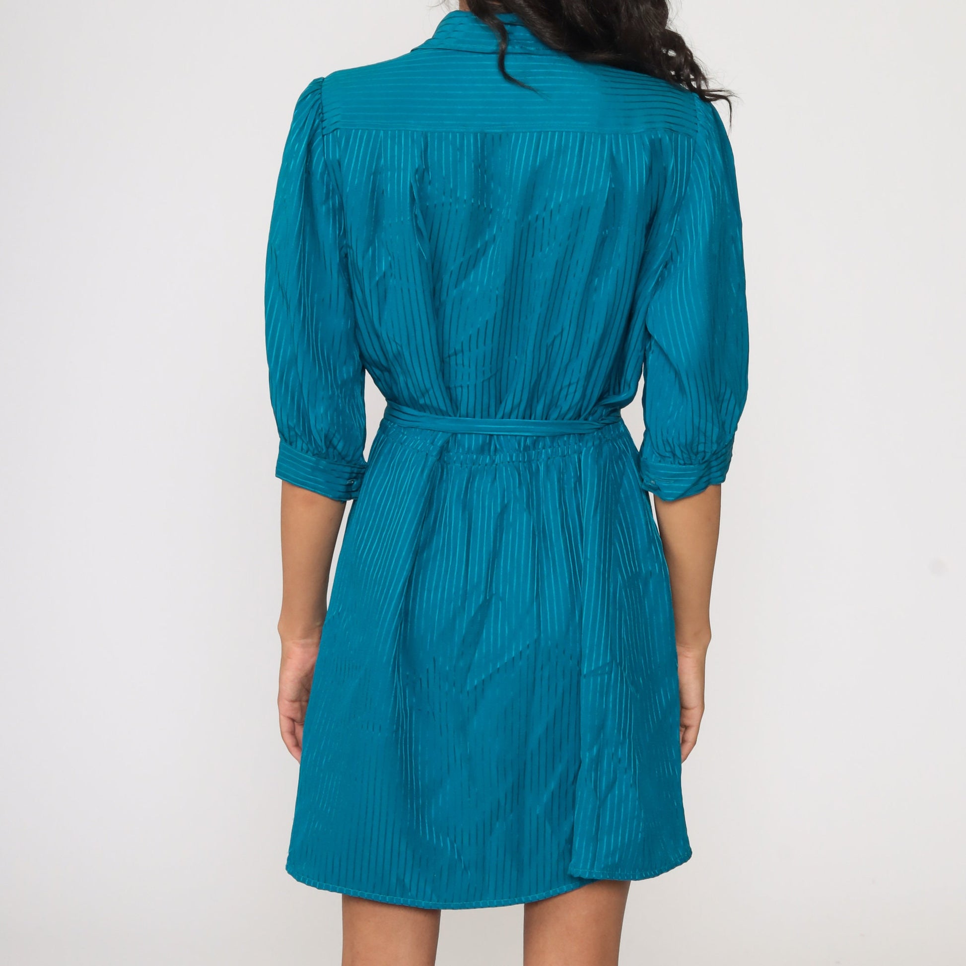 80s Blue Pinstriped Puff Sleeve Mini Dress High Waisted Button Up Large L