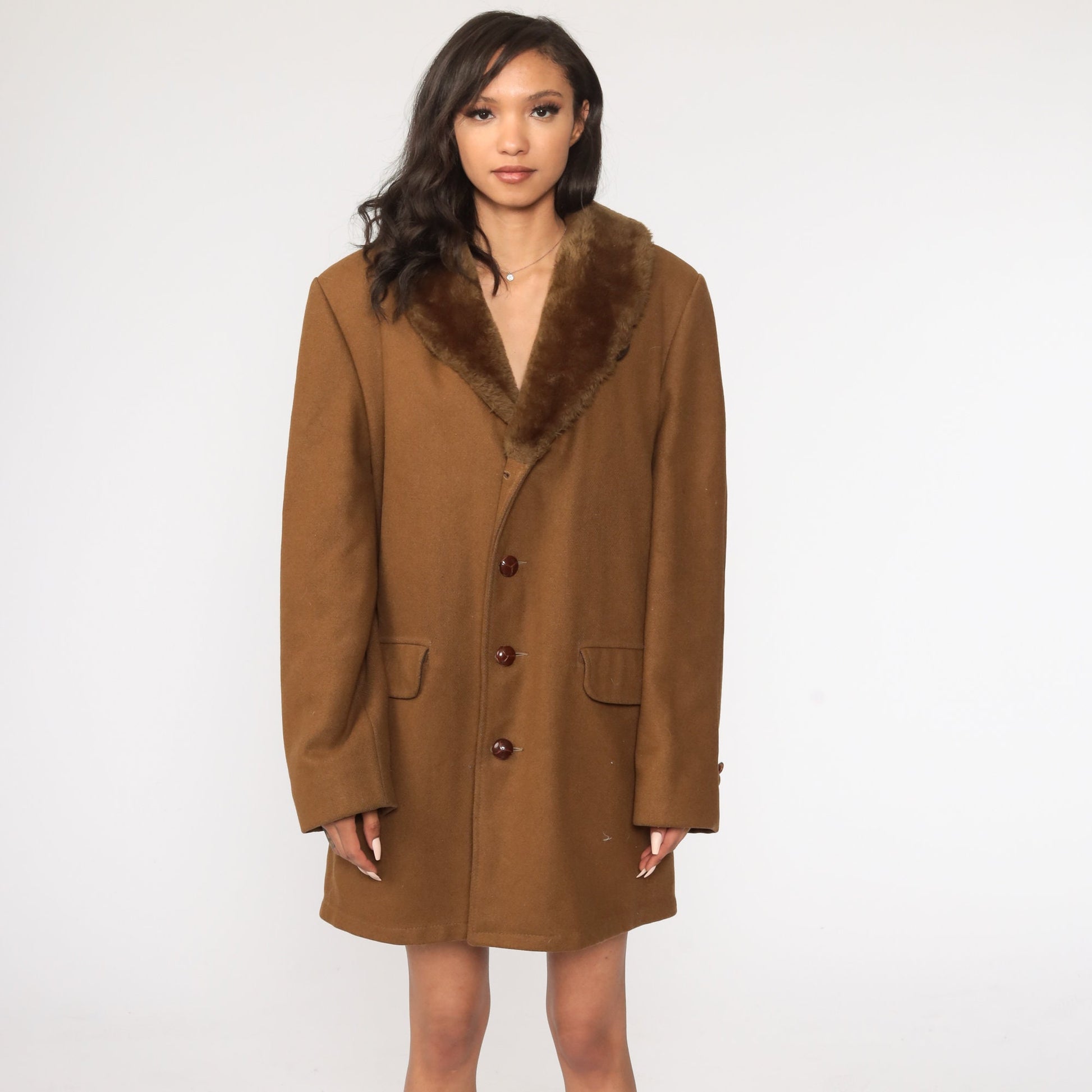 80s Brown Wool Jacket Faux Fur Collar Winter Coat Extra Large XXL