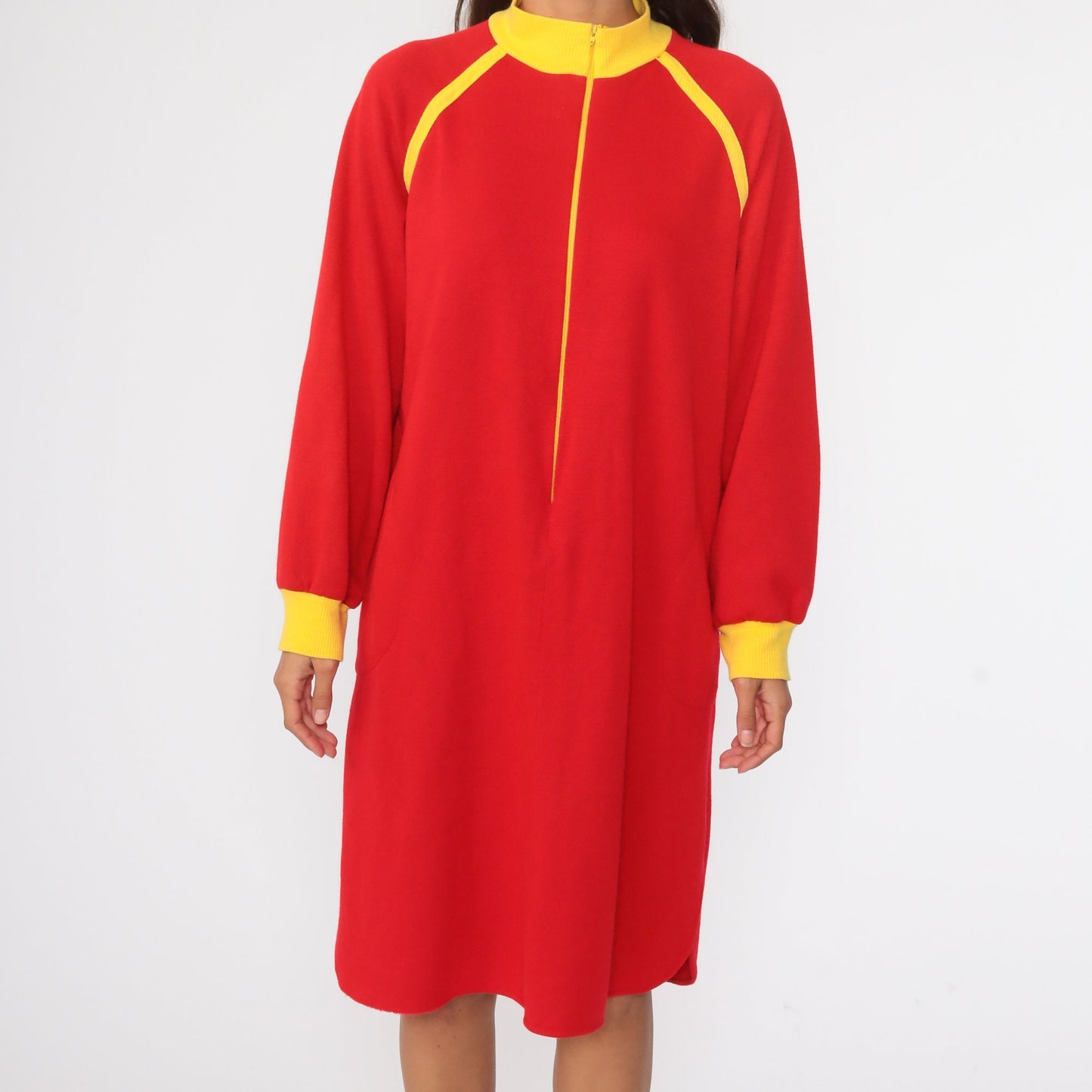 80s Red Pajama Dress Nightgown Yellow Trim Zip Front Mini