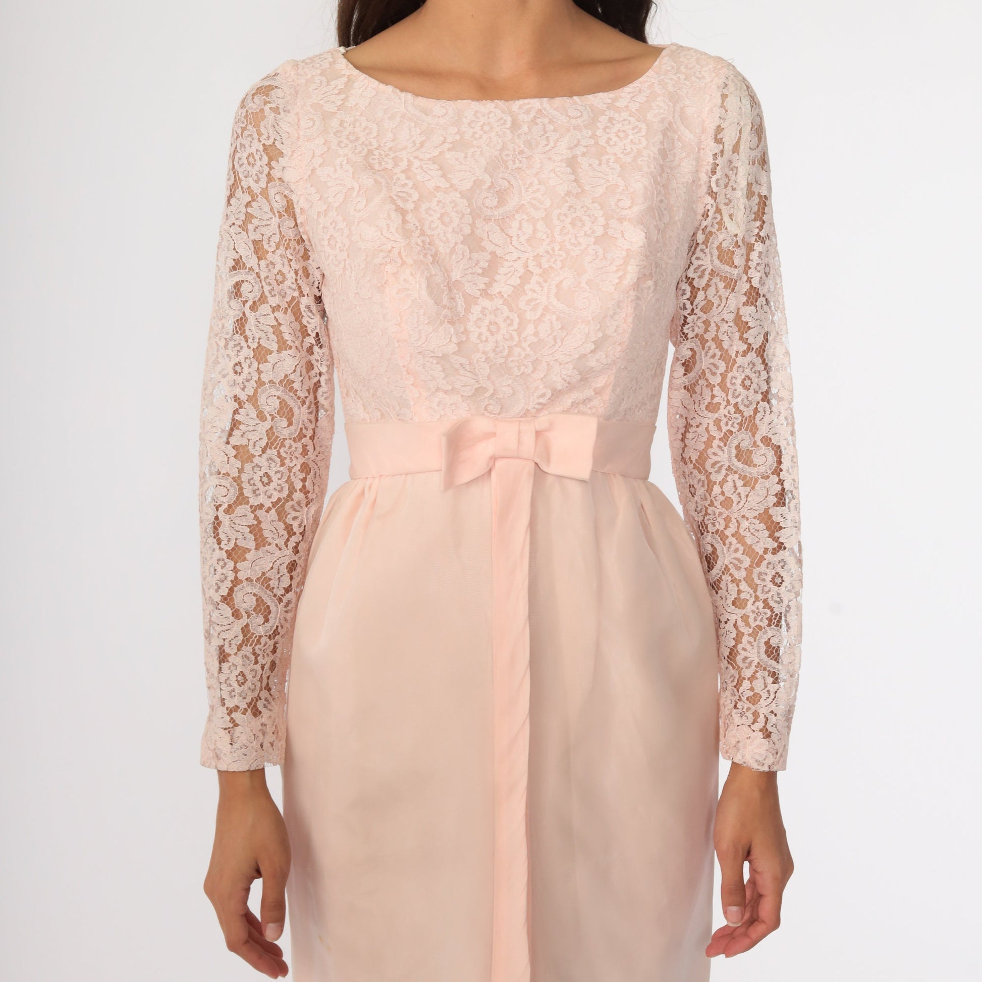 1950s Baby Pink Lace Cocktail Dress Bow Waist Pencil Skirt Extra Small