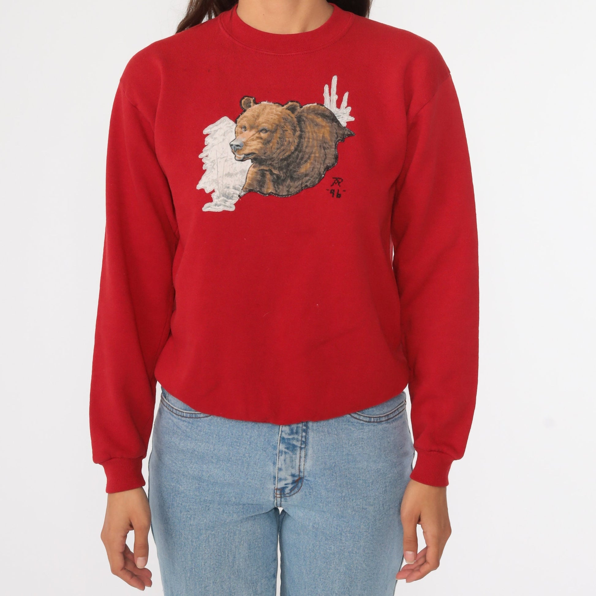 90s Bear Graphic Sweatshirt Red Crewneck Wildlife Print Small