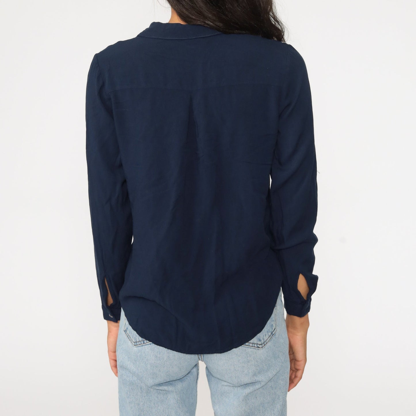 90s Navy Beaded Embroidered Floral Button-Up Blouse Long Sleeve Small