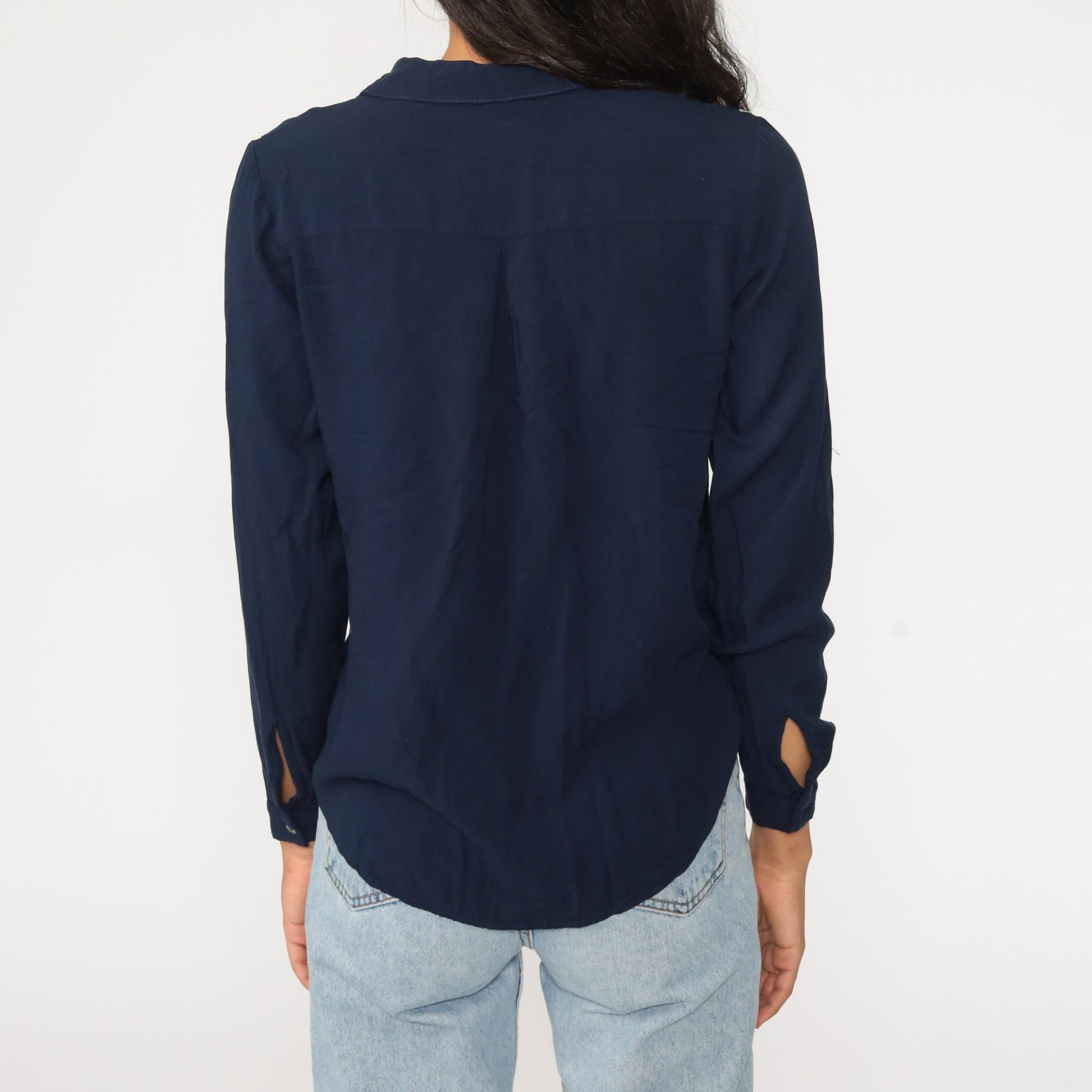 90s Navy Beaded Embroidered Floral Button-Up Blouse Long Sleeve Small