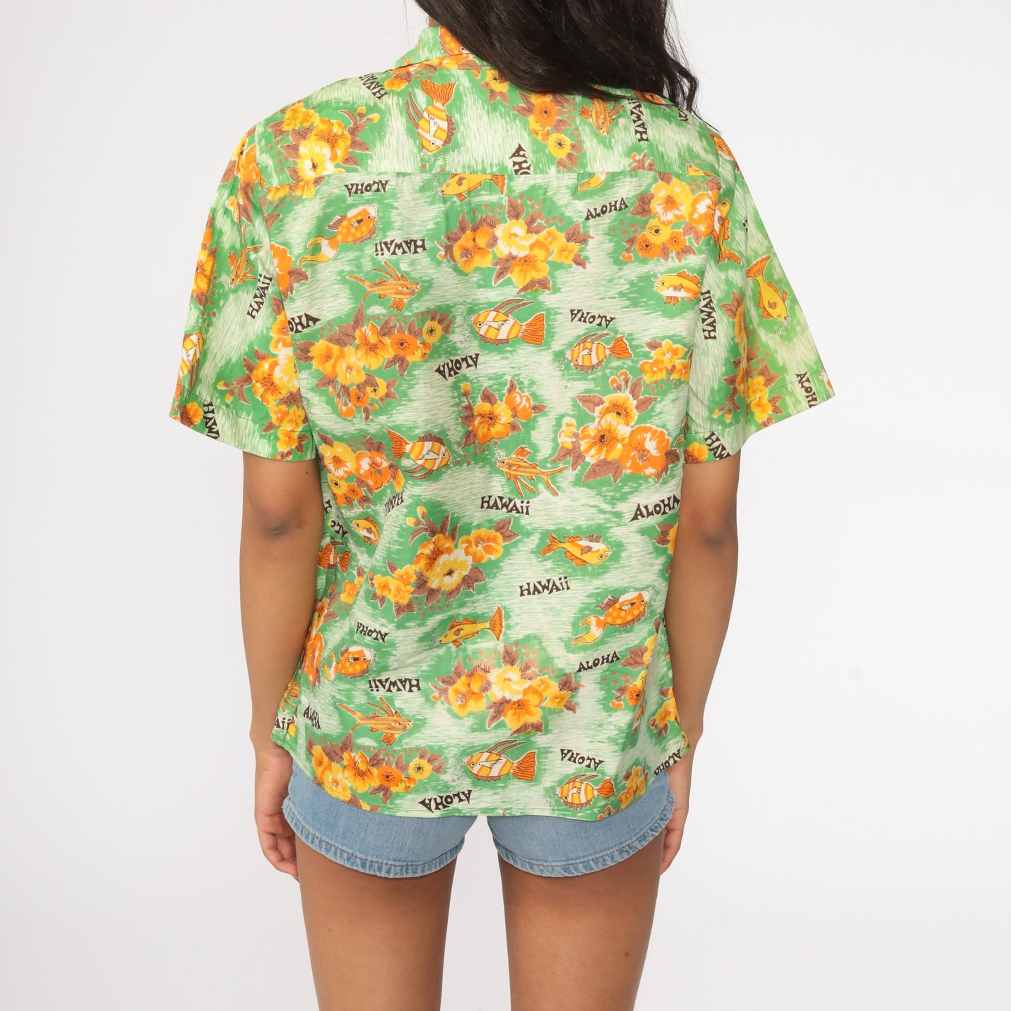 70s Hawaiian Shirt Tropical Fish Floral Button Up Unisex Medium Large