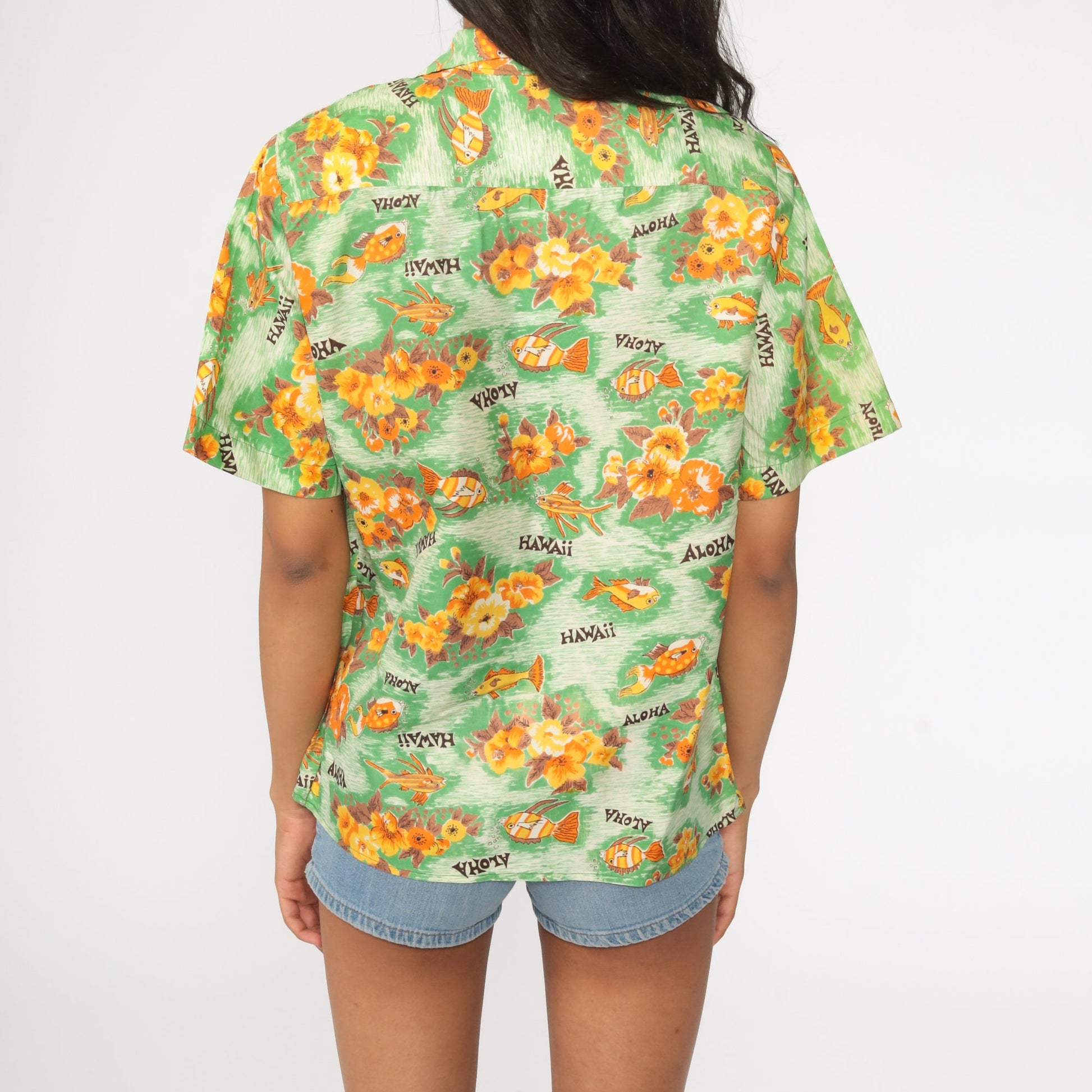 70s Hawaiian Shirt Tropical Fish Floral Button Up Unisex Medium Large