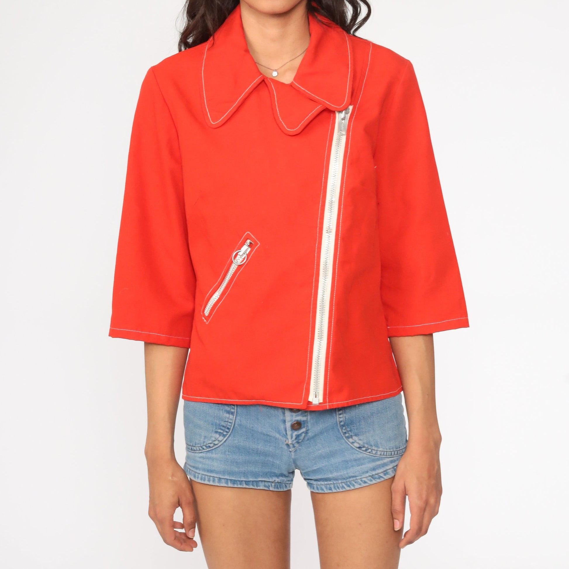 70s Red Zip Jacket Asymmetrical Collar 3/4 Sleeve Small Medium