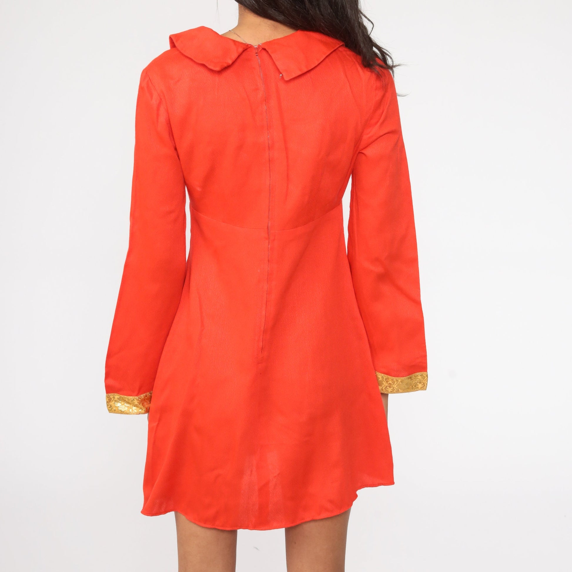 70s Red-Orange Babydoll Dress Gold Trim Bell Sleeve Empire Waist Mini Small
