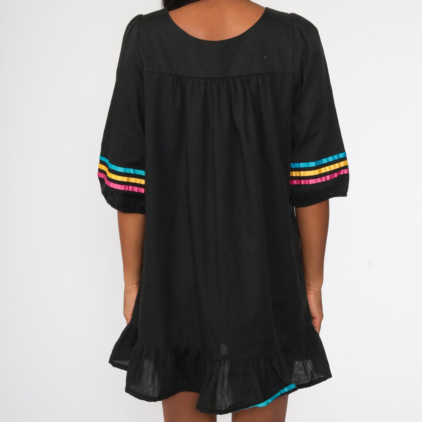 80s Black Puff Sleeve Mini Dress Tent Cut Ribbon Trim Medium