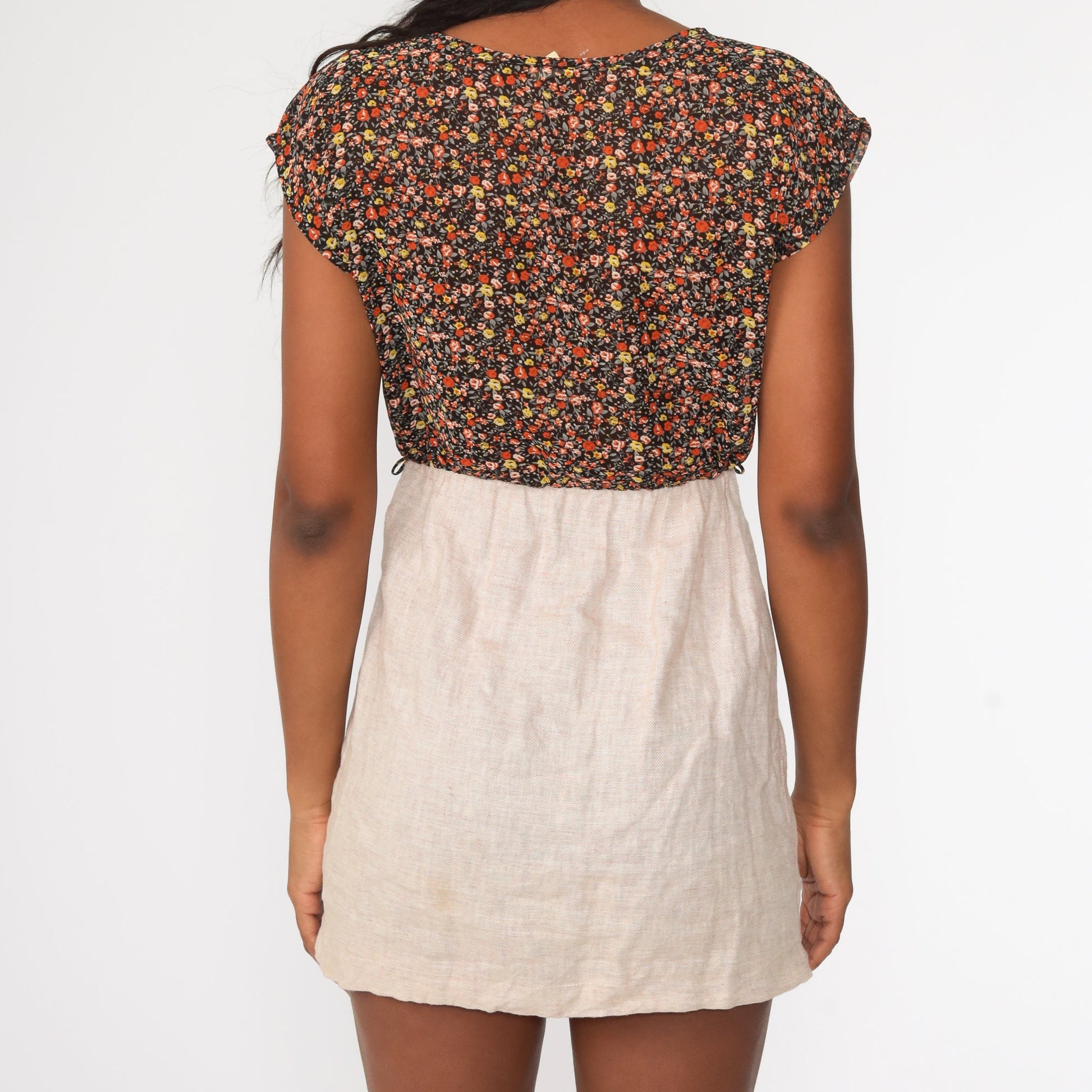 70s Brown Floral Mini Dress Button-Up High Waisted Cap Sleeve Small