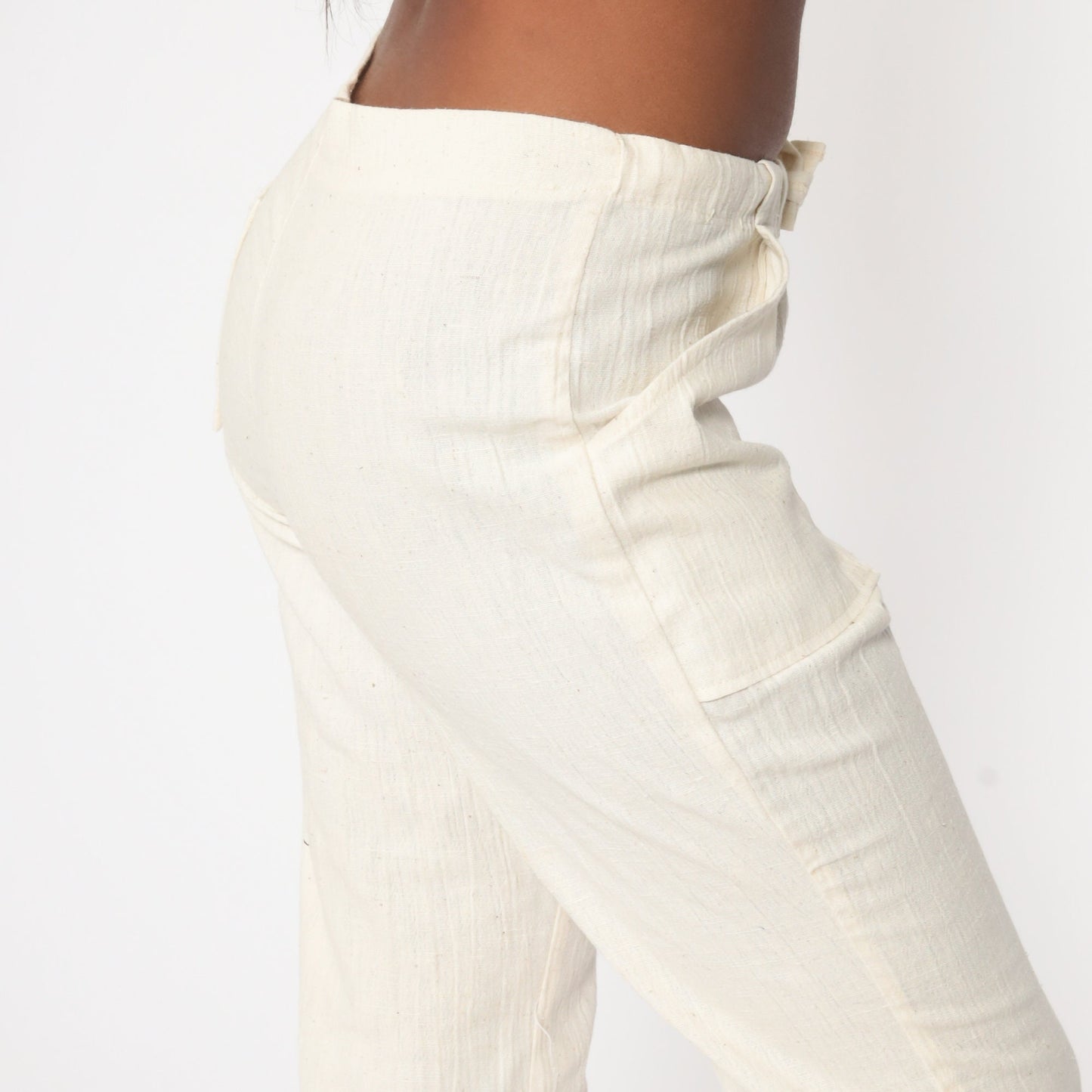 70s Bell Bottom Pants Off-White Cotton Drawstring Mid Rise Small