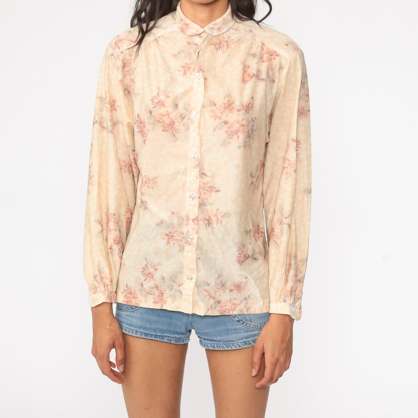 70s Floral Peter Pan Collar Blouse Cream Button-Up Long Sleeve Small