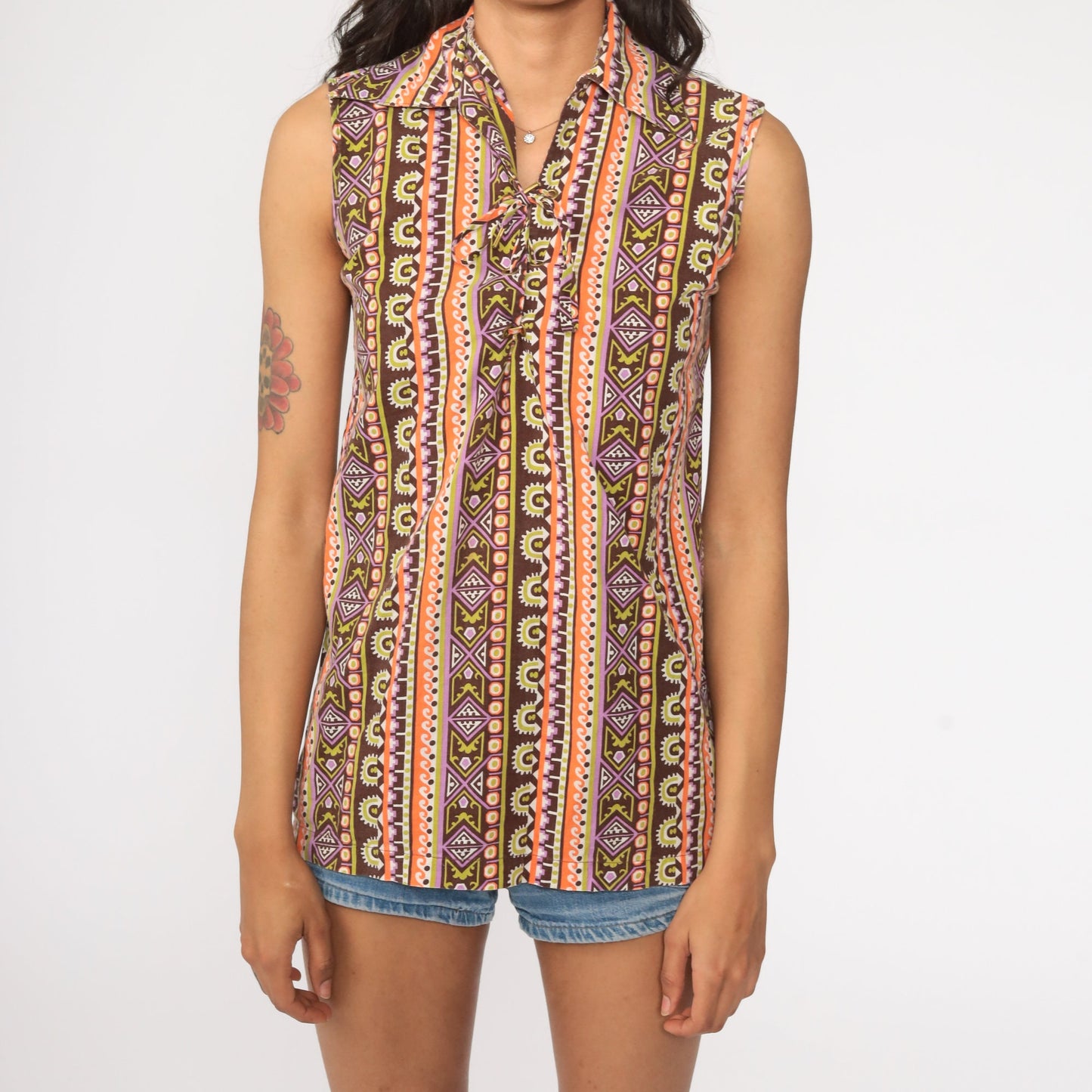 70s Tribal Print Sleeveless Blouse Lace-Up Corset Neckline Orange Purple Small