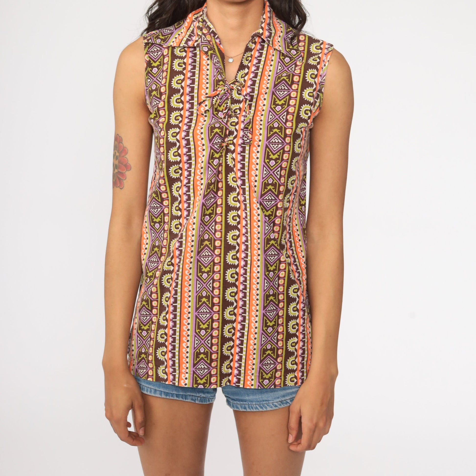 70s Tribal Print Sleeveless Blouse Lace-Up Corset Neckline Orange Purple Small