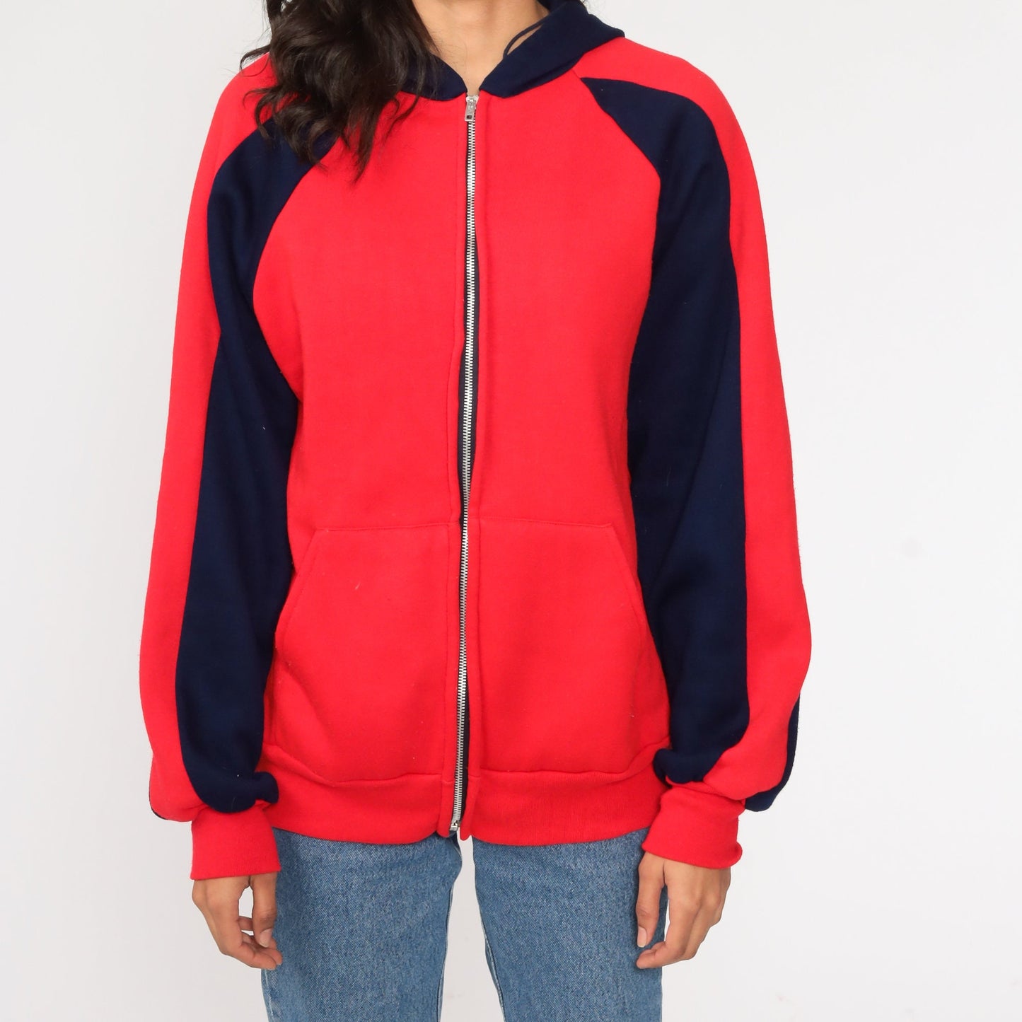 80s Navy Red Striped Zip-Up Hoodie Sweatshirt Medium Large