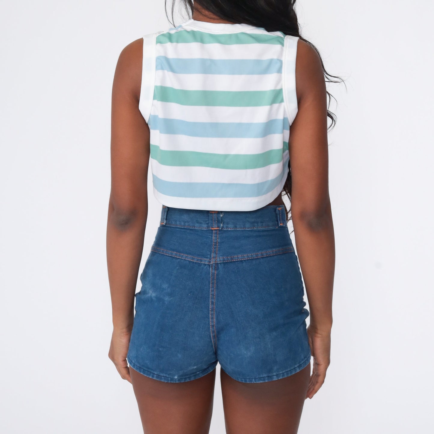 70s Striped Tank Top Crop Sleeveless V-Neck Green Blue White Extra Small