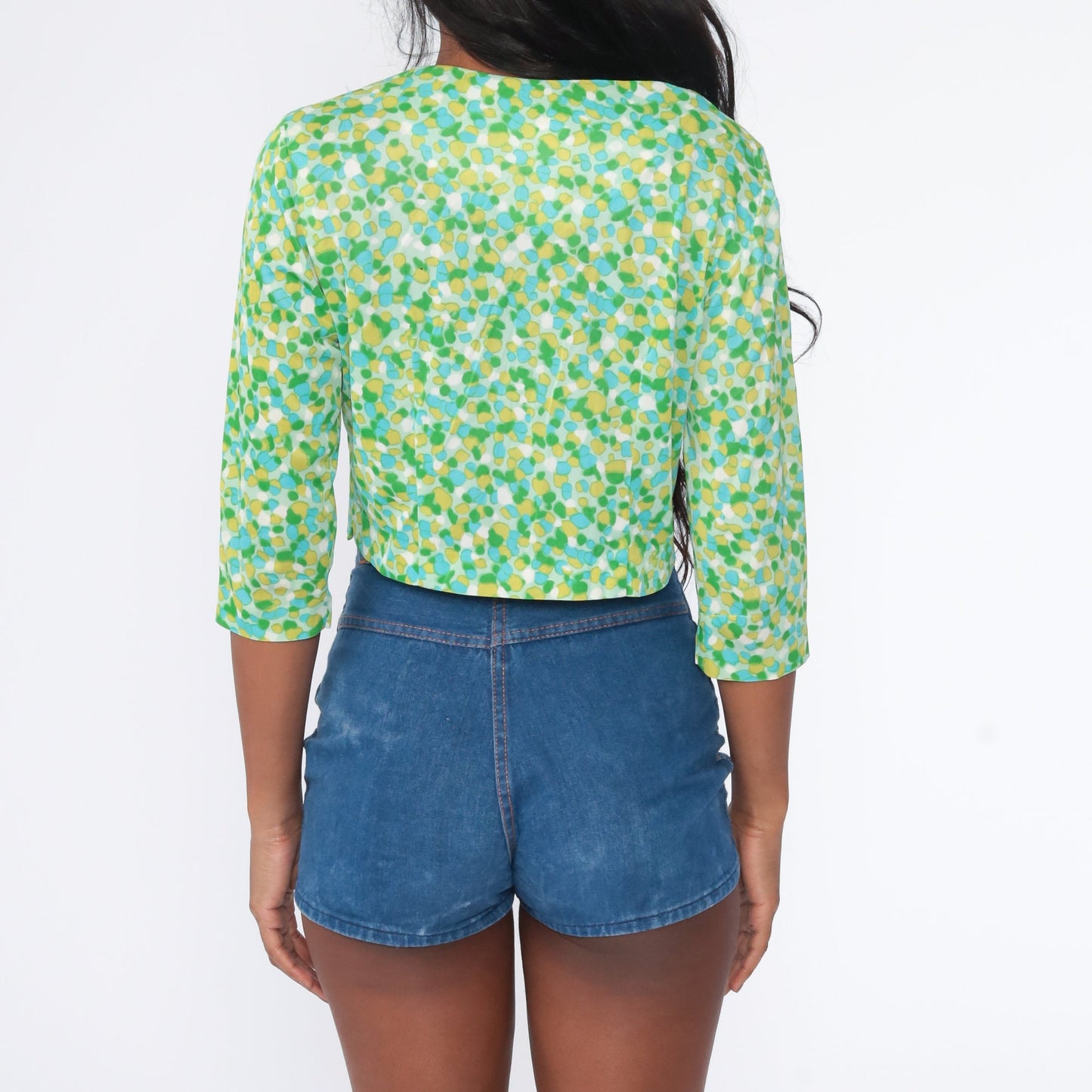 60s Geometric Print Button-Up Blouse Cropped 3/4 Sleeve Small