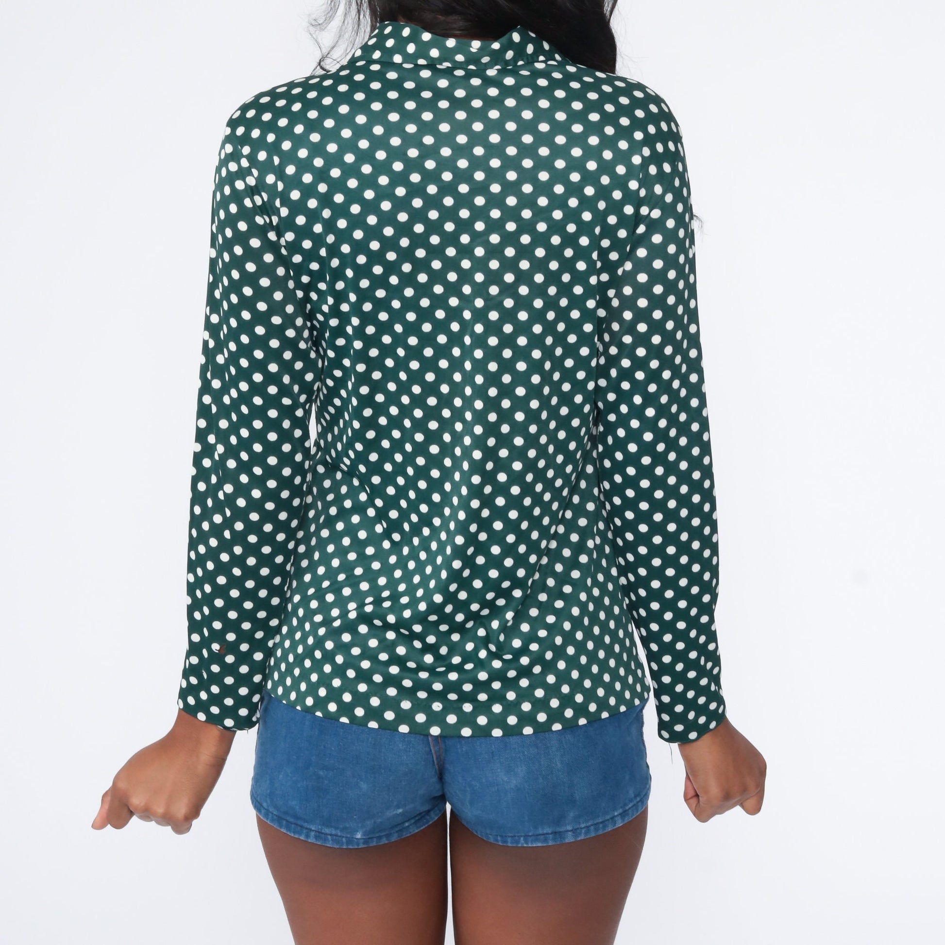70s Green Polka Dot Zip-Up Blouse Long Sleeve Collared Shirt Medium
