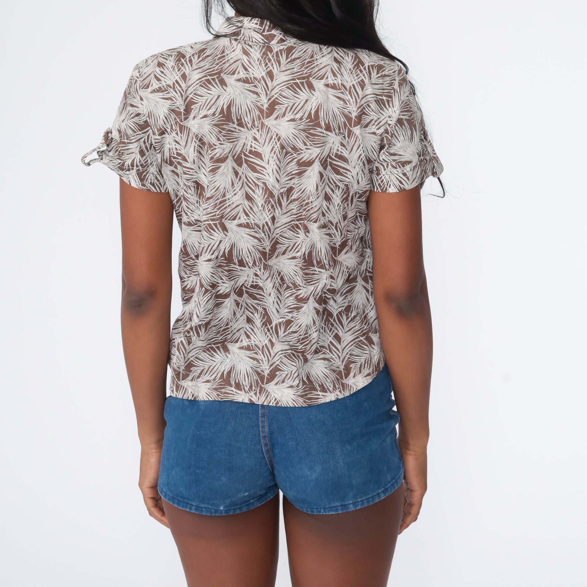 70s Feather Print Button-Up Shirt Short Sleeve Pointed Collar Brown Small