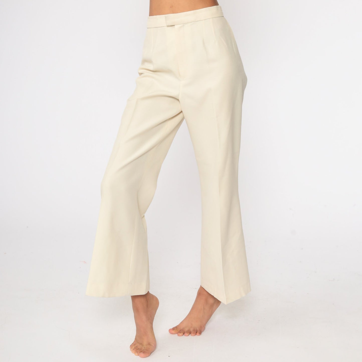 70s Cream Bell Bottom Trousers High Waist Vintage Pants Small 27
