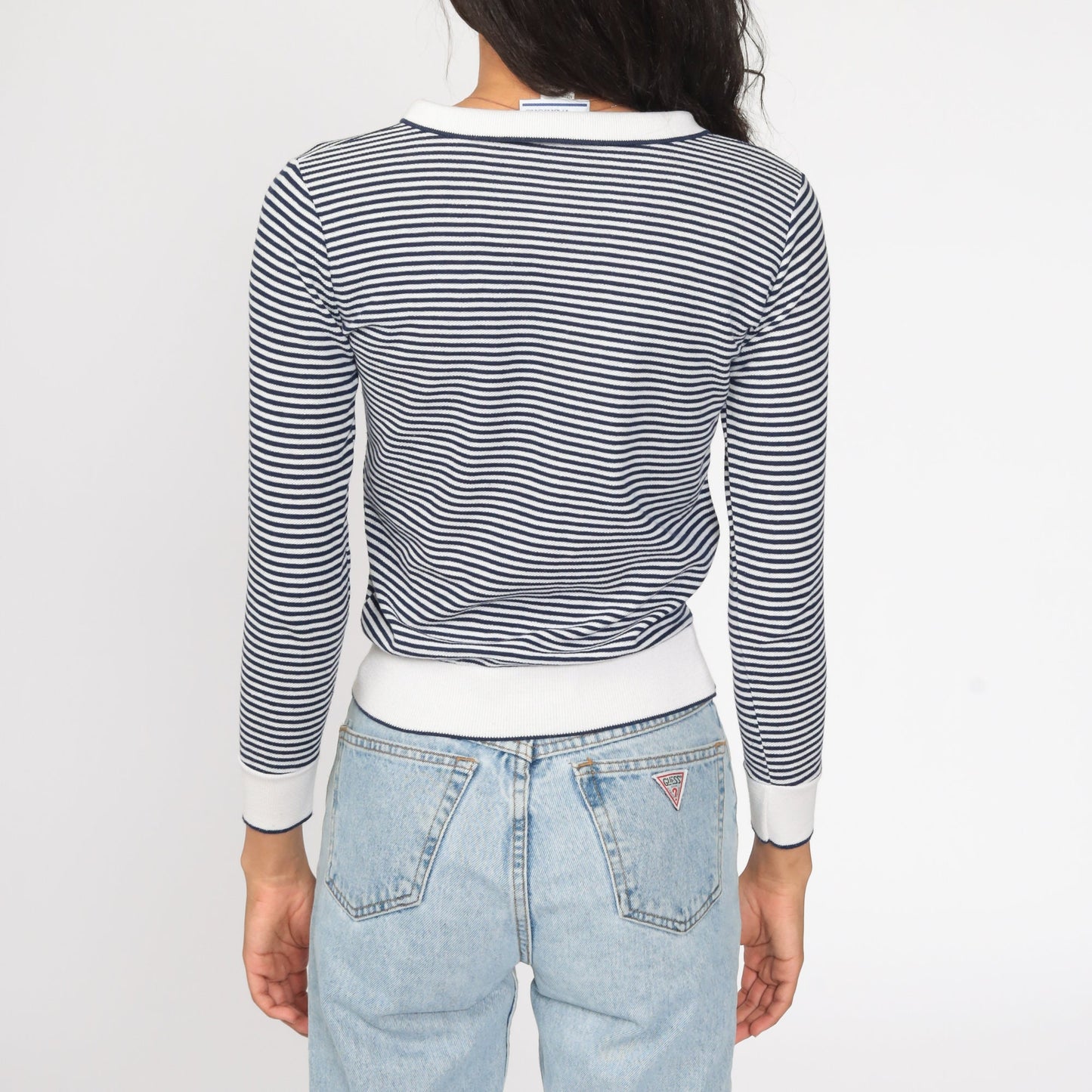 80s Blue White Striped Collared Shirt Long Sleeve Cotton Small