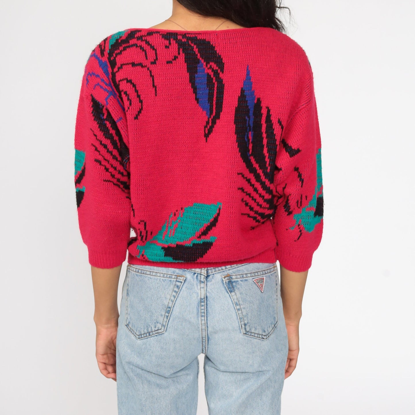 80s Pink Leaf Knit Sweater 3/4 Sleeve Pullover Small S