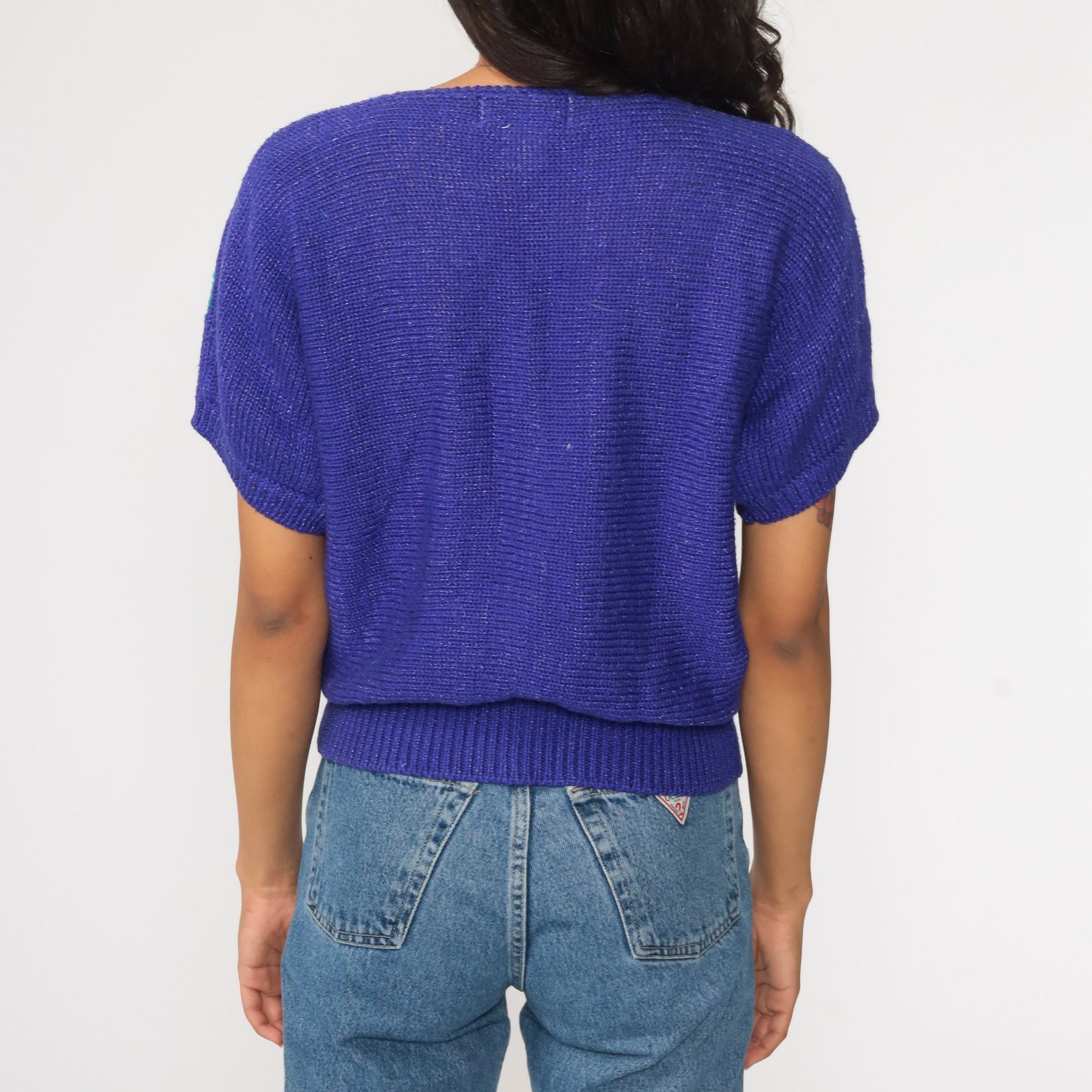 80s Purple Floral Knit Sweater Short Sleeve Top Medium