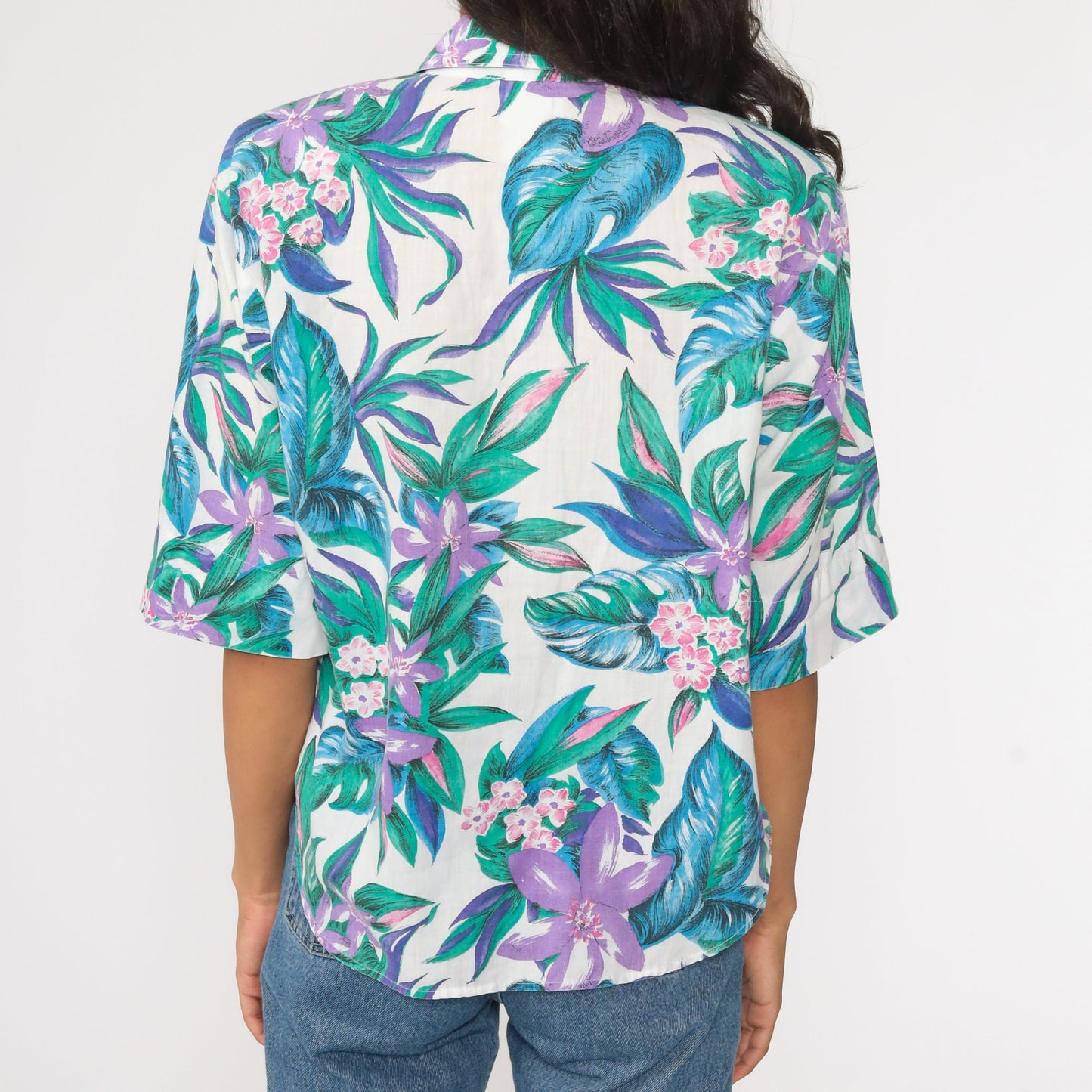 80s Tropical Floral Button-Up Shirt Green Purple Hawaiian Blouse Small
