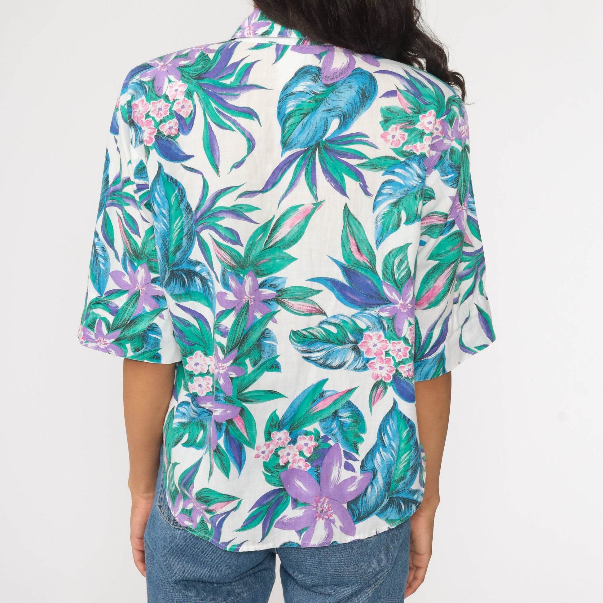 80s Tropical Floral Button-Up Shirt Green Purple Hawaiian Blouse Small