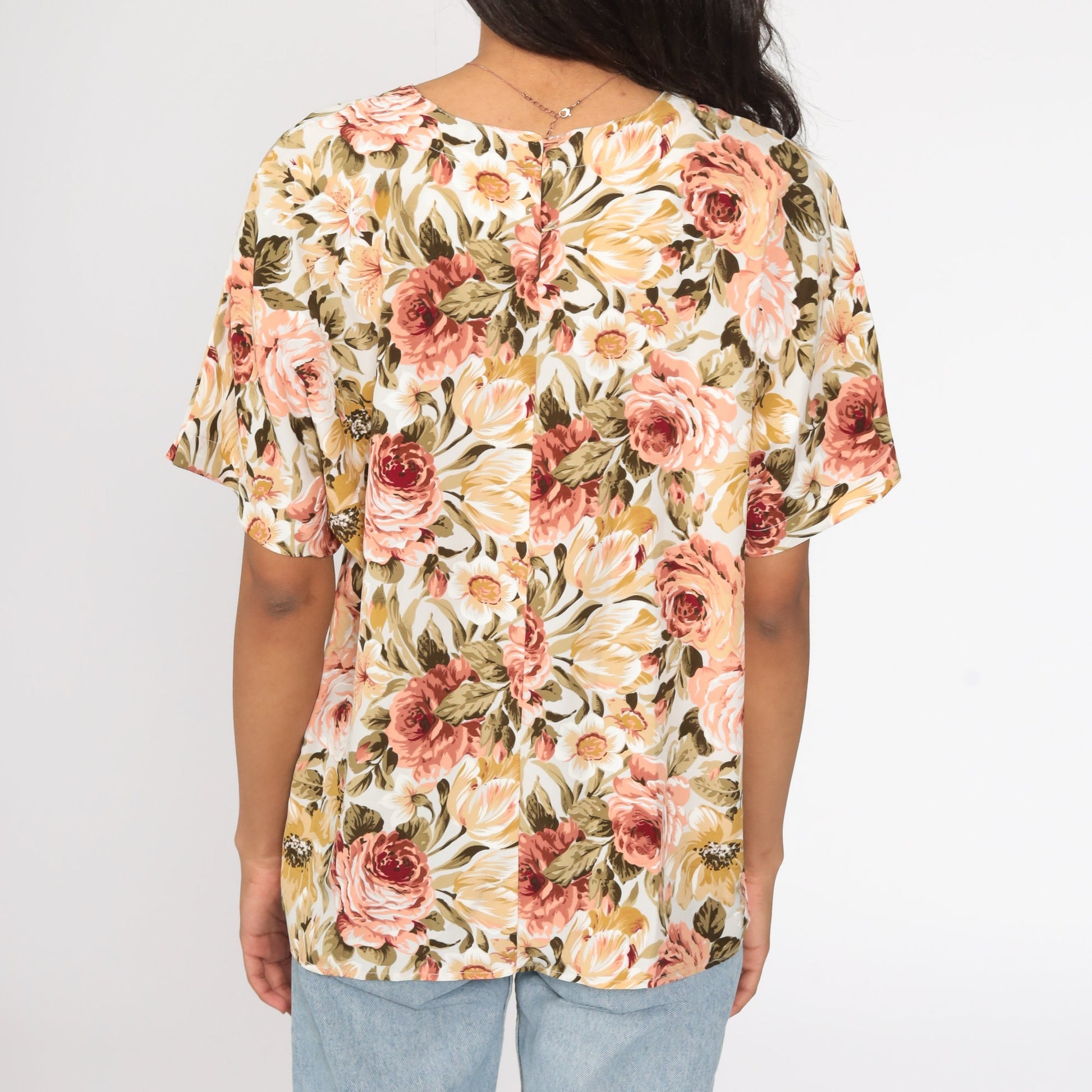 90s Floral Print Shirt Short Sleeve Blouse Polyester Medium