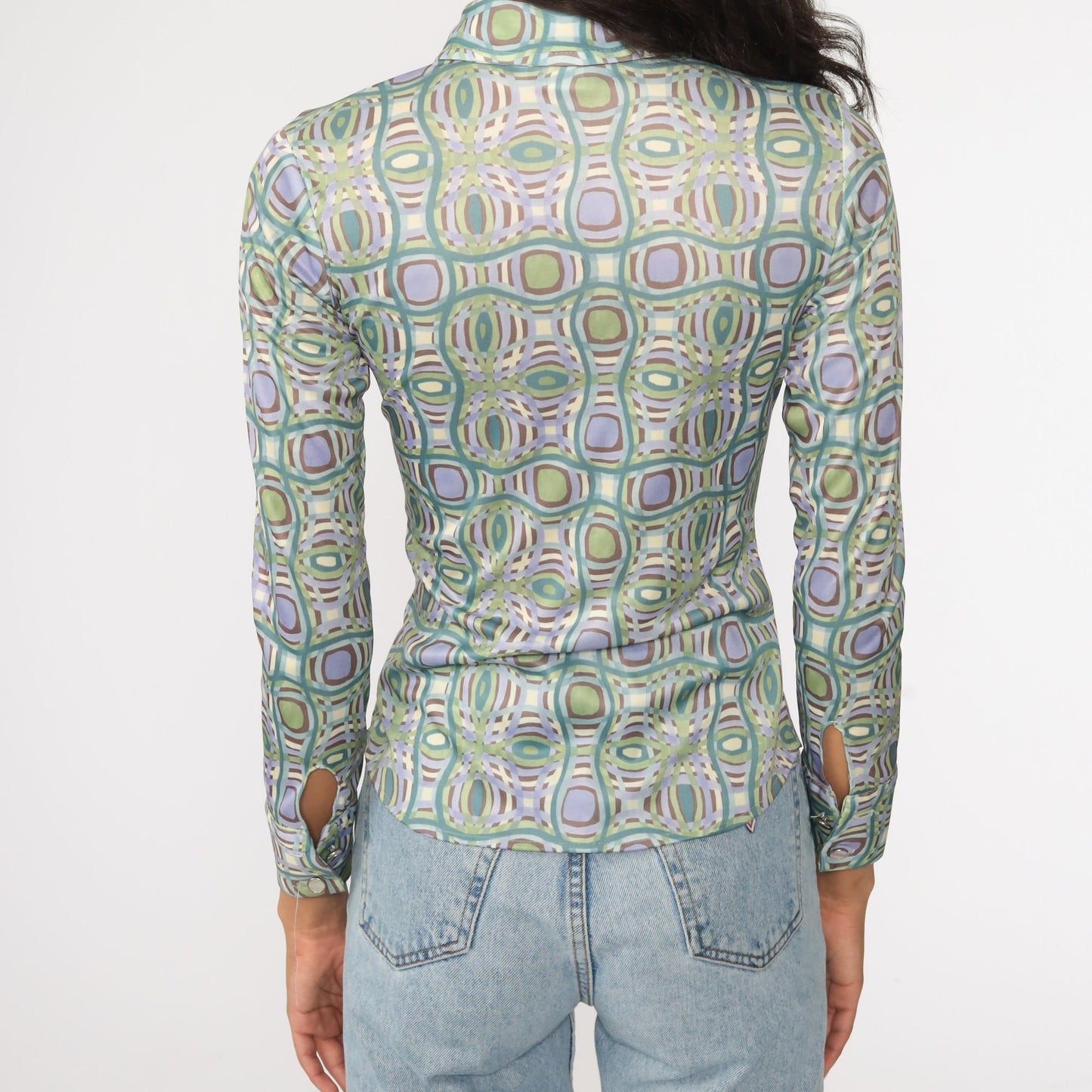 90s Geometric Print Button-Up Shirt Green Blue Long Sleeve Small