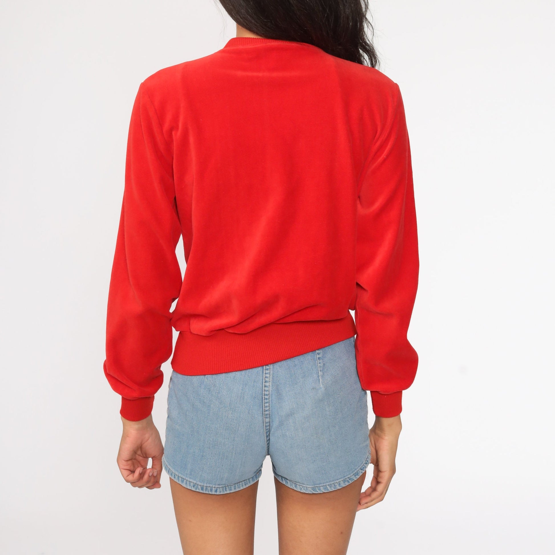 80s Red Velour Track Jacket Zip Up Sweatshirt Small