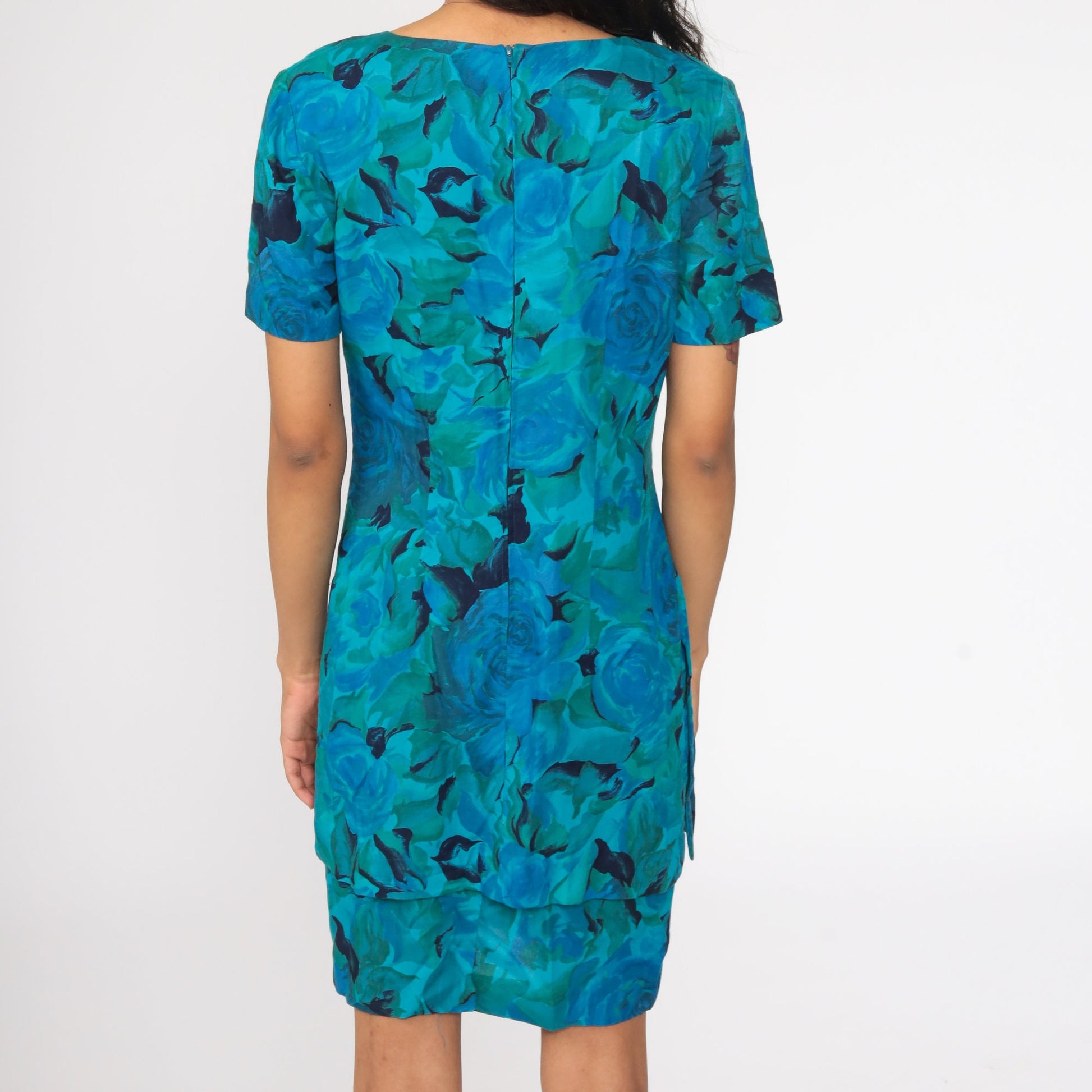 80s Blue Floral Rose Watercolor Sheath Minidress Short Sleeve Small S