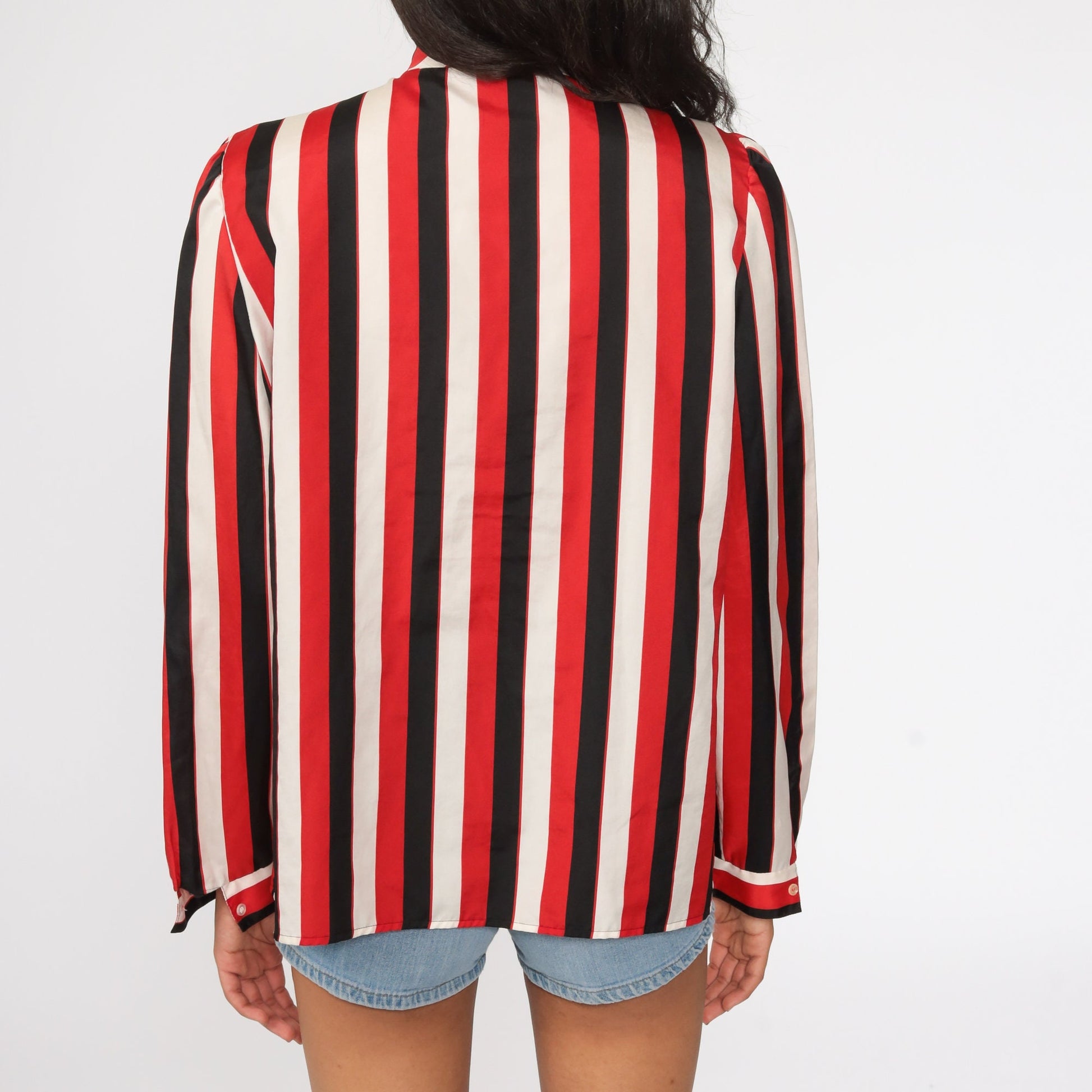 80s Striped Ascot Blouse Red Black White Puff Sleeve Button Up Medium