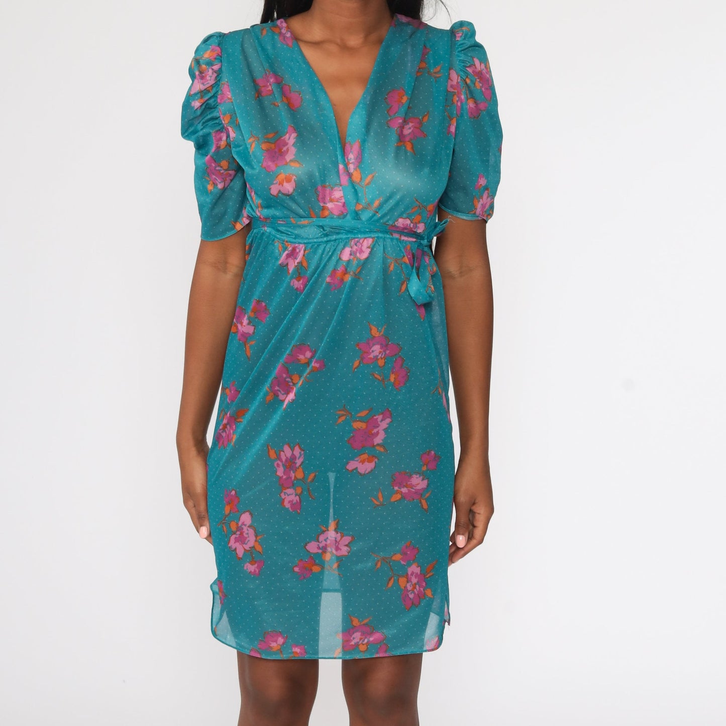1970s Floral Midi Dress Blue Purple V-Neck Puff Sleeve Wrap High Waist Small
