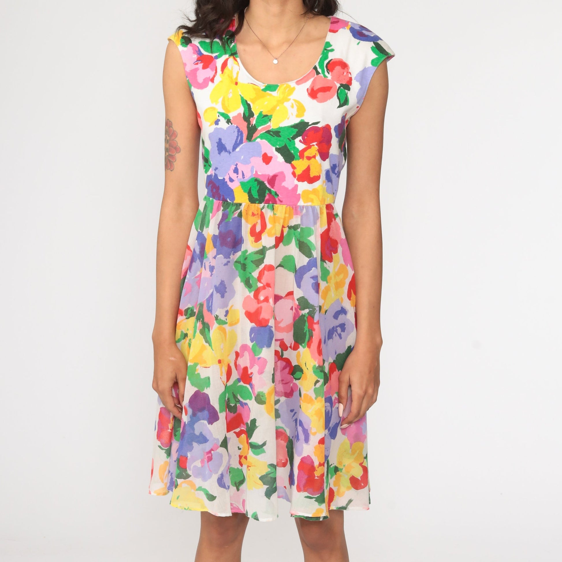 70s Floral Mini Dress White Cap Sleeve High Waist Small Medium