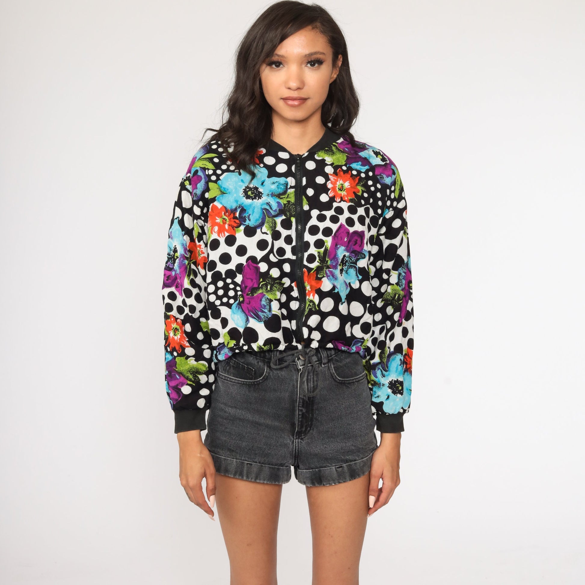 90s Floral Polka Dot Cropped Bomber Jacket Black White Windbreaker Small