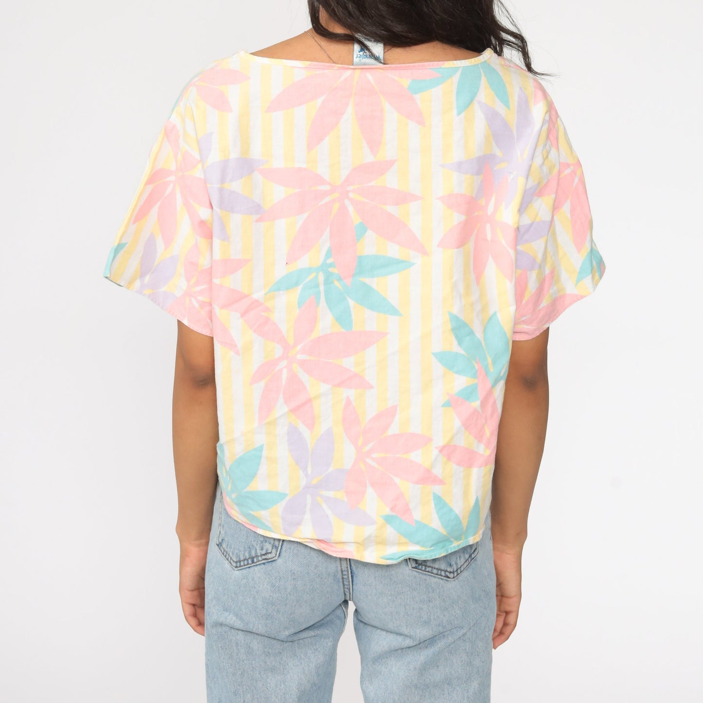 80s Wrangler Floral Print Shirt Pink Yellow Striped Short Sleeve Blouse Large L