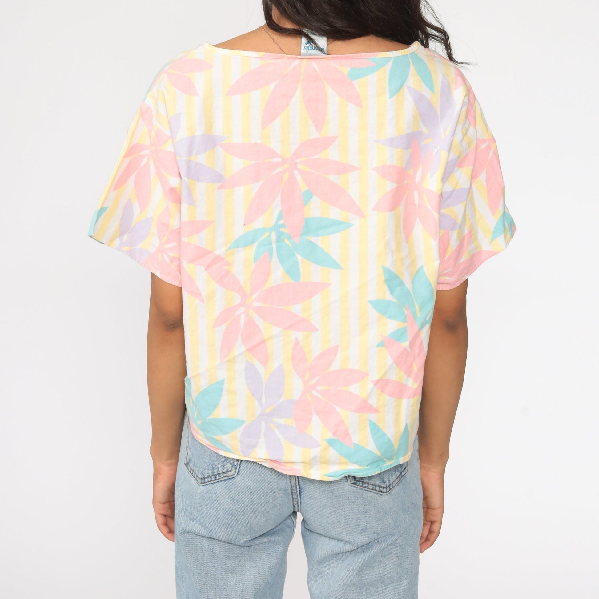 80s Wrangler Floral Print Shirt Pink Yellow Striped Short Sleeve Blouse Large L