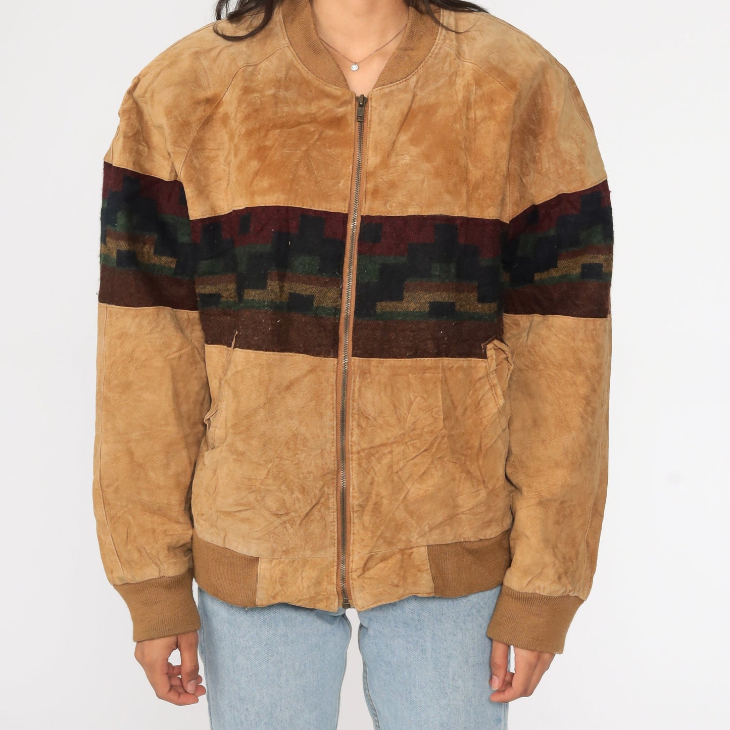 80s Brown Suede Leather Jacket Southwestern Tribal Print Bomber Large L