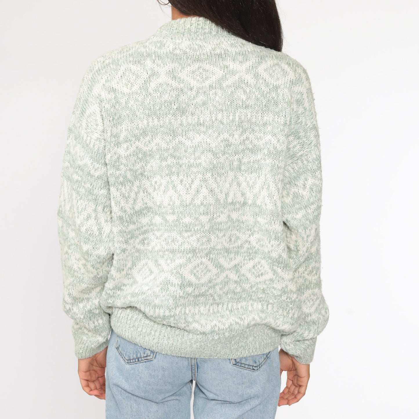 90s Geometric Print Sweater Green Cotton Ramie Knit Pullover Large L