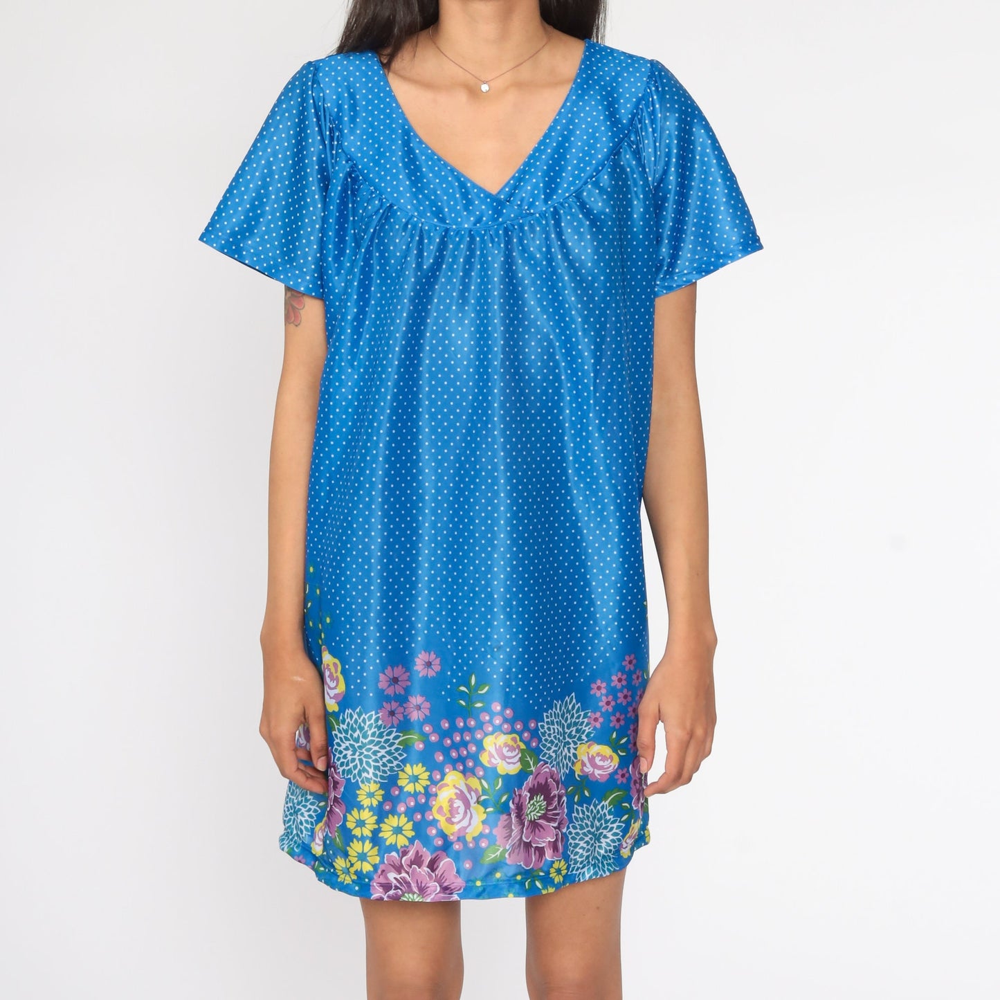 80s Floral Mini Dress Blue Polka Dot Tent Cut Plus Size 1X