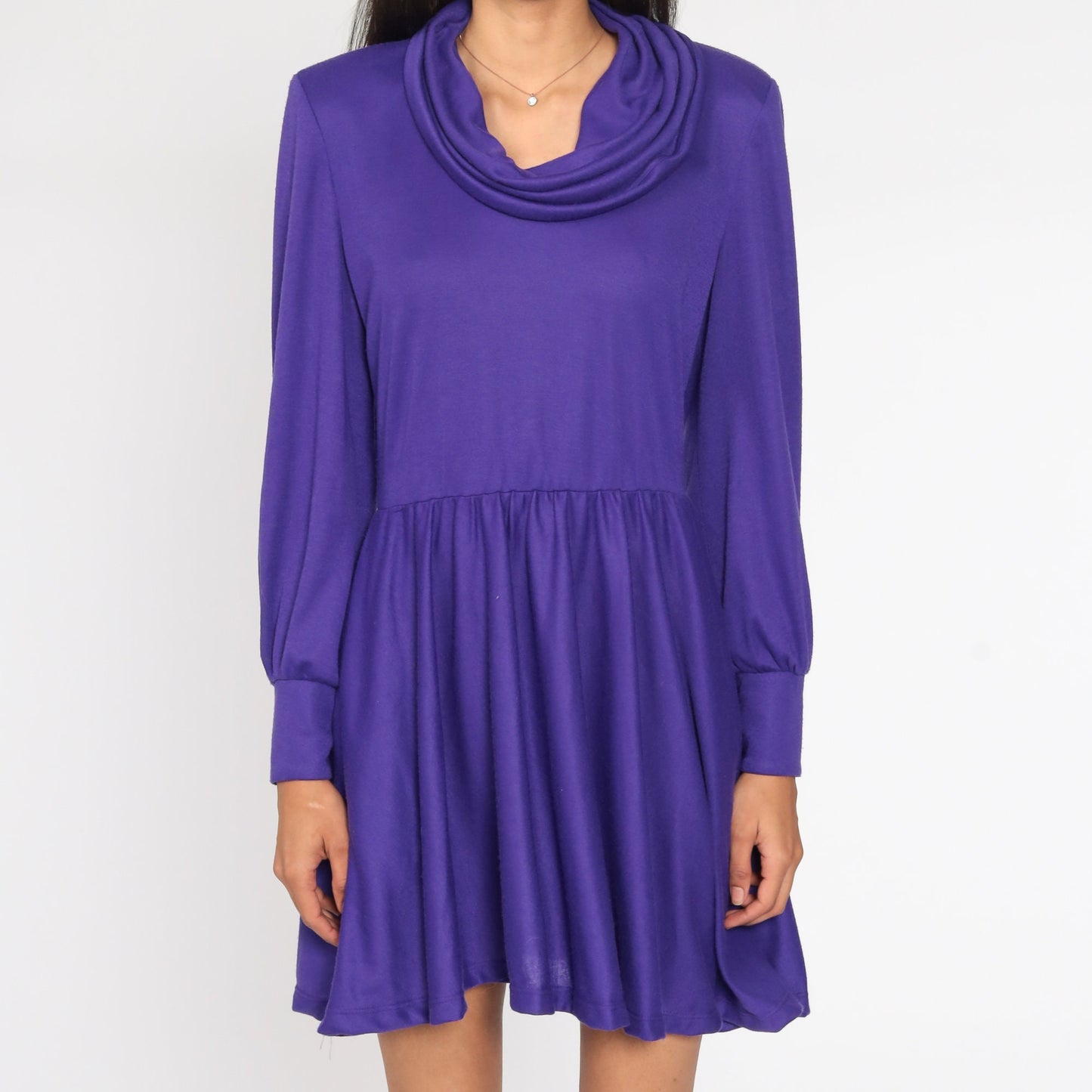 80s Purple Cowl Neck Mini Dress Long Sleeve High Waisted Medium Large